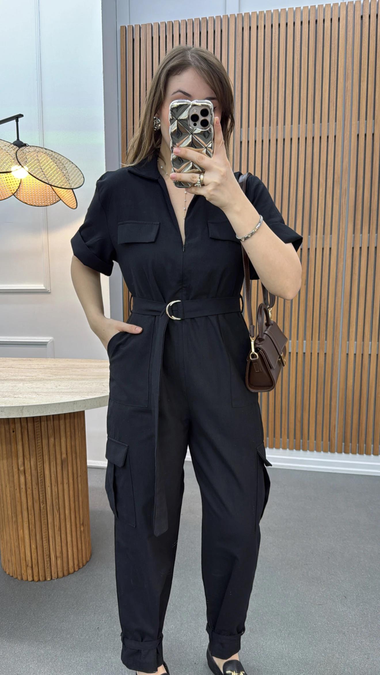 Lexy Siyah Keten Karışımlı Tulum