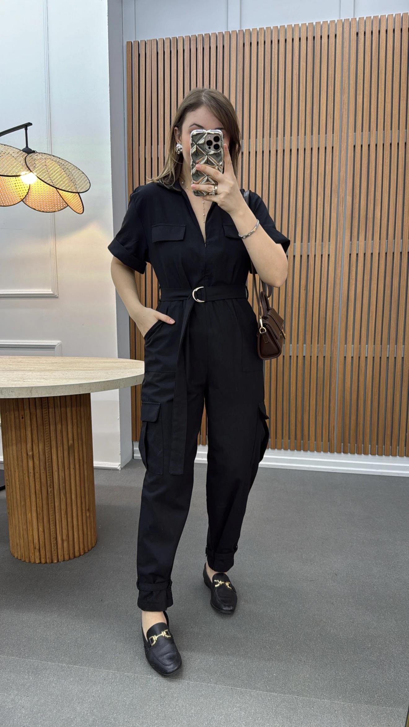 Lexy Siyah Keten Karışımlı Tulum