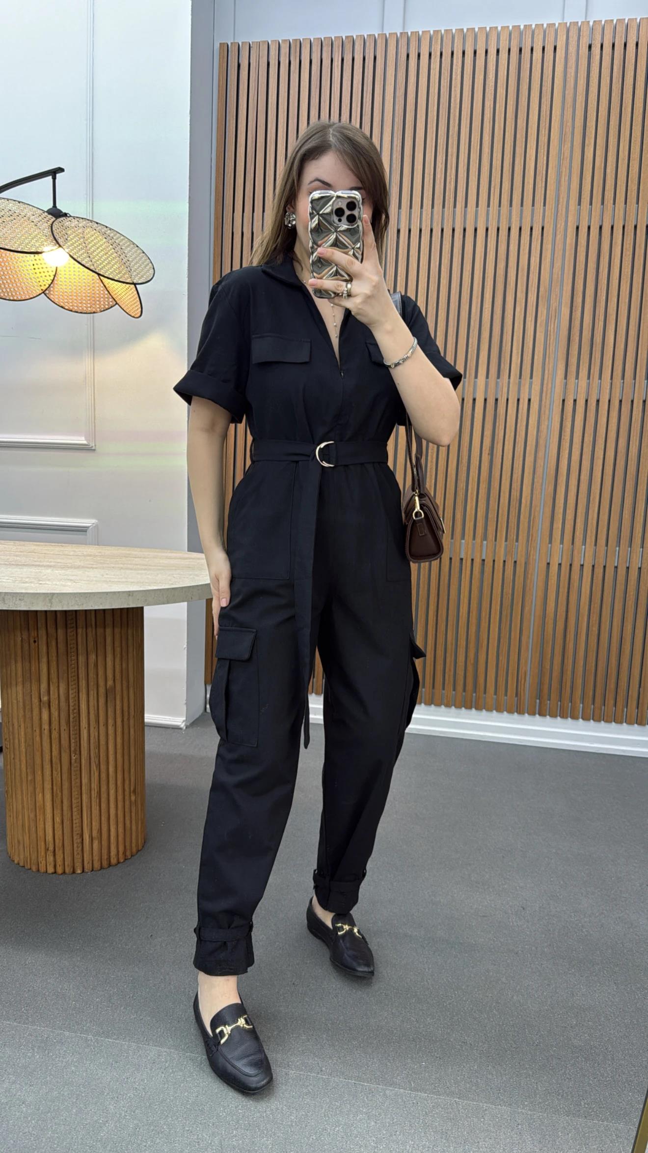 Lexy Siyah Keten Karışımlı Tulum