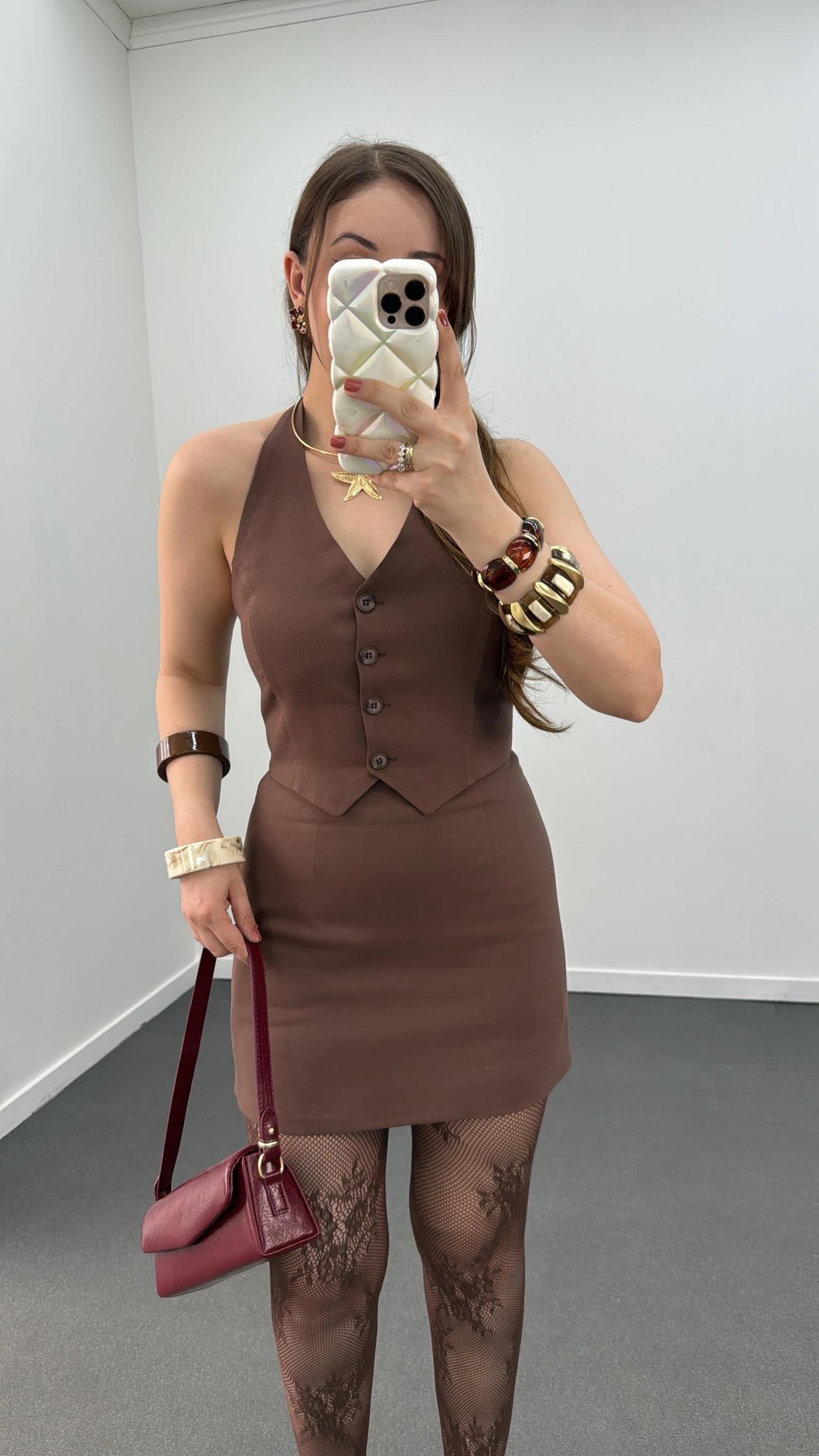 Lidya Acı Kahve Düğmeli Boyundan Bağlamalı Yelek