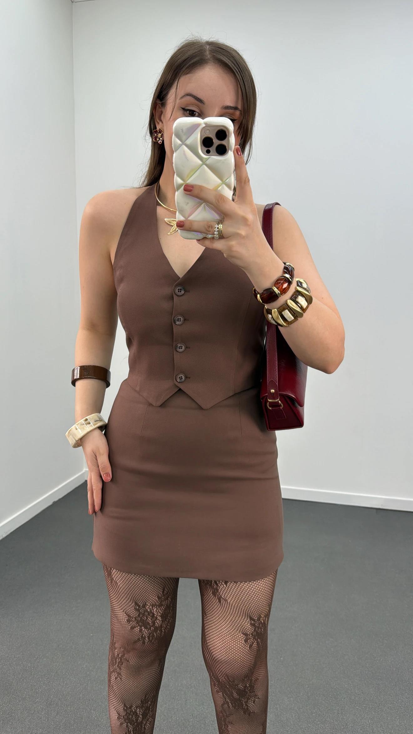 Lidya Acı Kahve Düğmeli Boyundan Bağlamalı Yelek