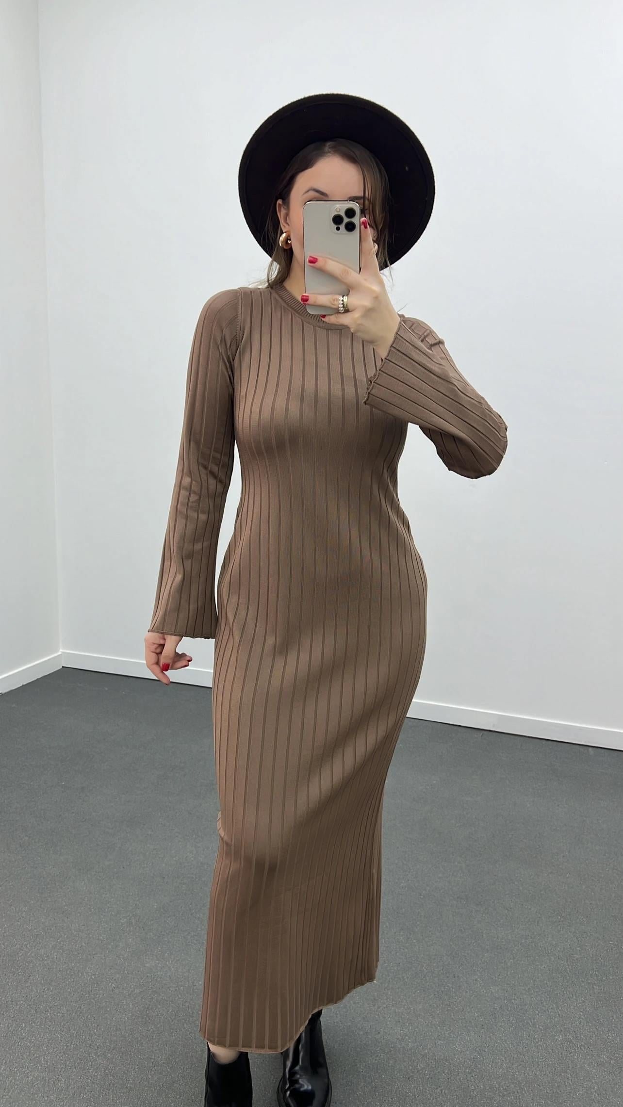 Lili Kahve Fitilli Premium Kumaş Maxi Elbise