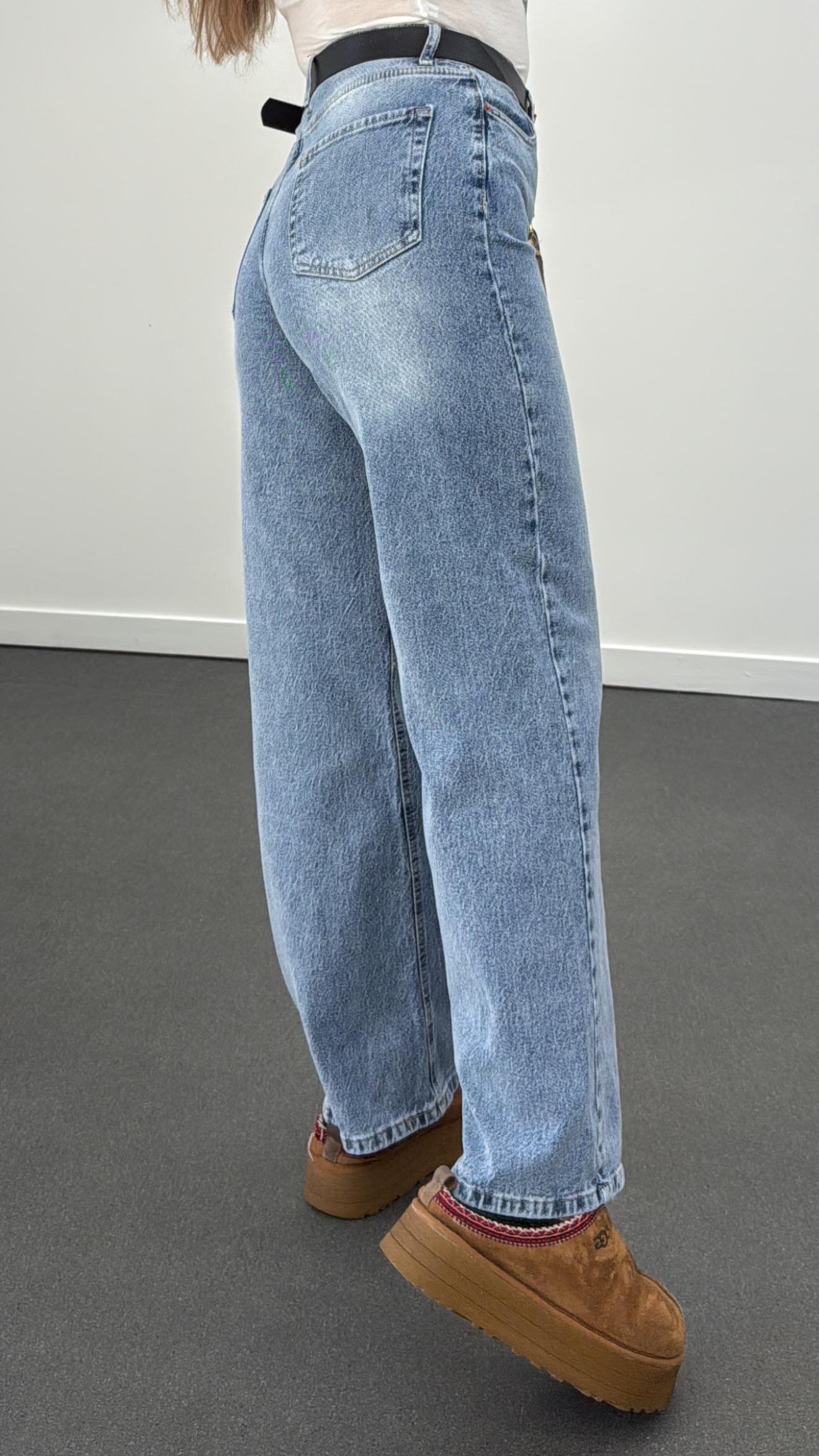 Lizbon Açık Kar Yıkama Yüksek Bel Wide Leg Jeans