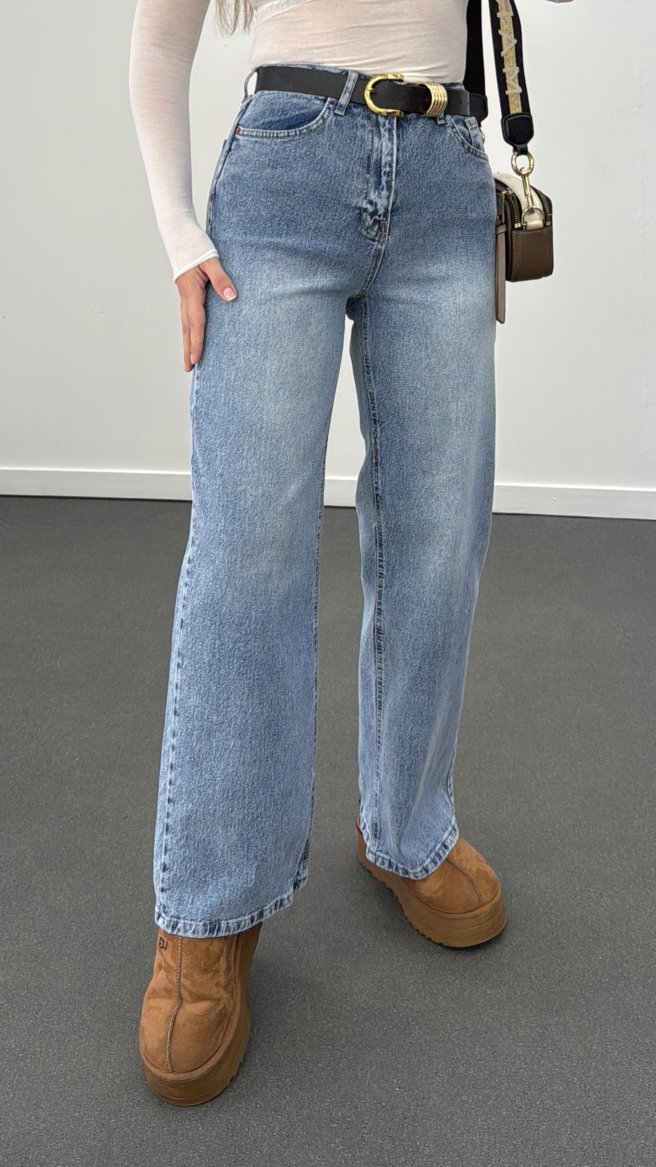 Lizbon Açık Kar Yıkama Yüksek Bel Wide Leg Jeans