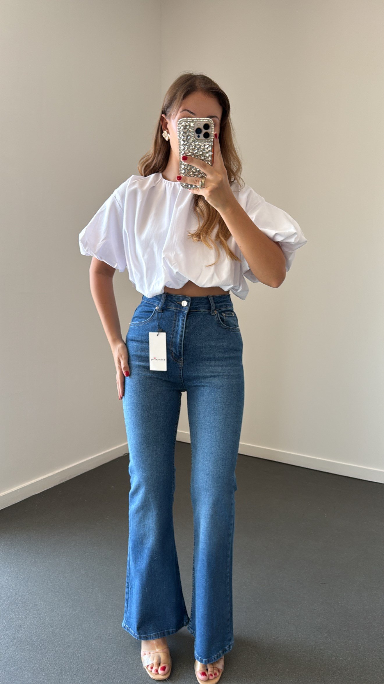 Luna Beyaz Balon Form Crop Bluz