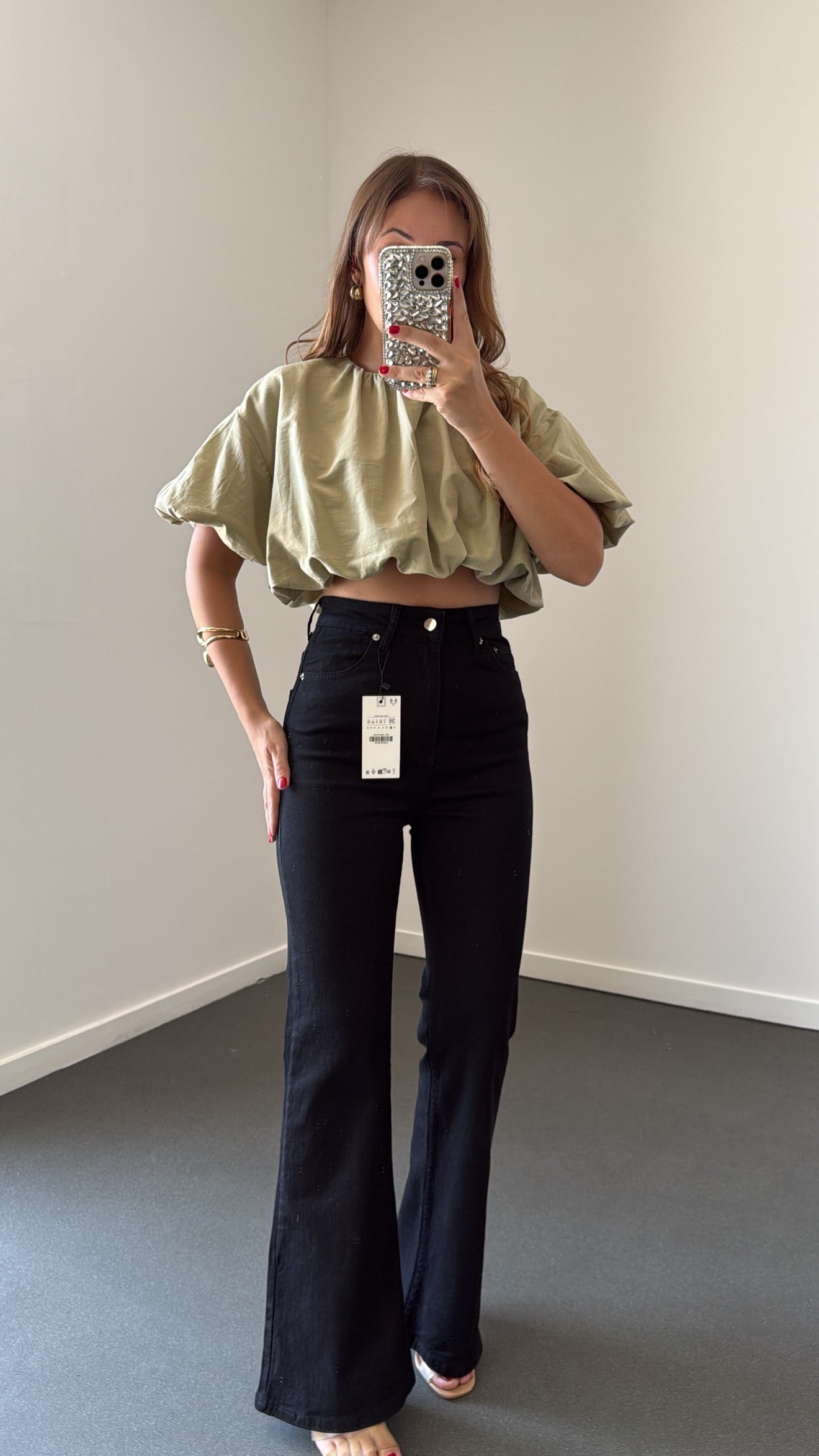 Luna Haki Balon Form Crop Bluz