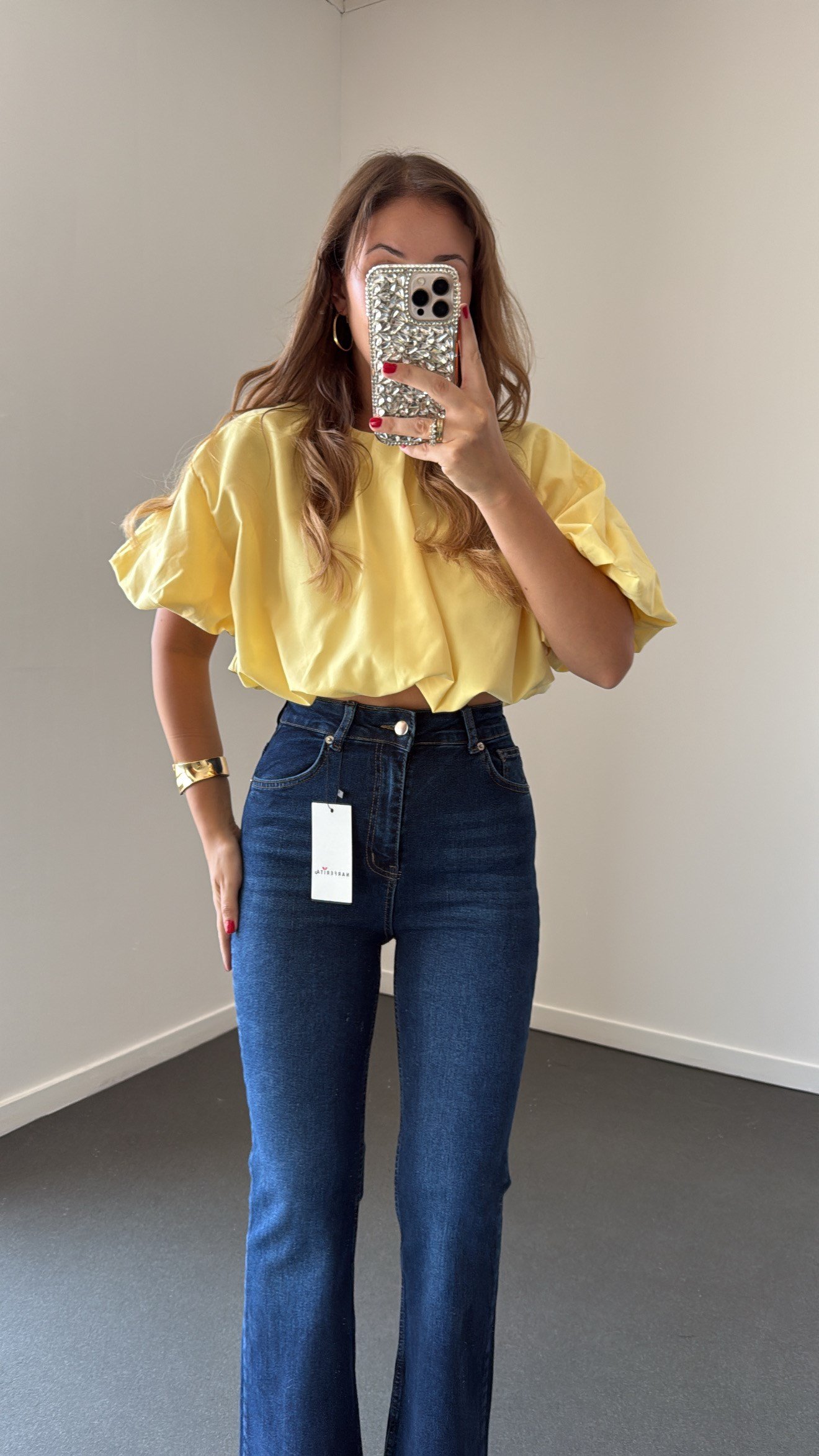 Luna Sarı Balon Form Crop Bluz