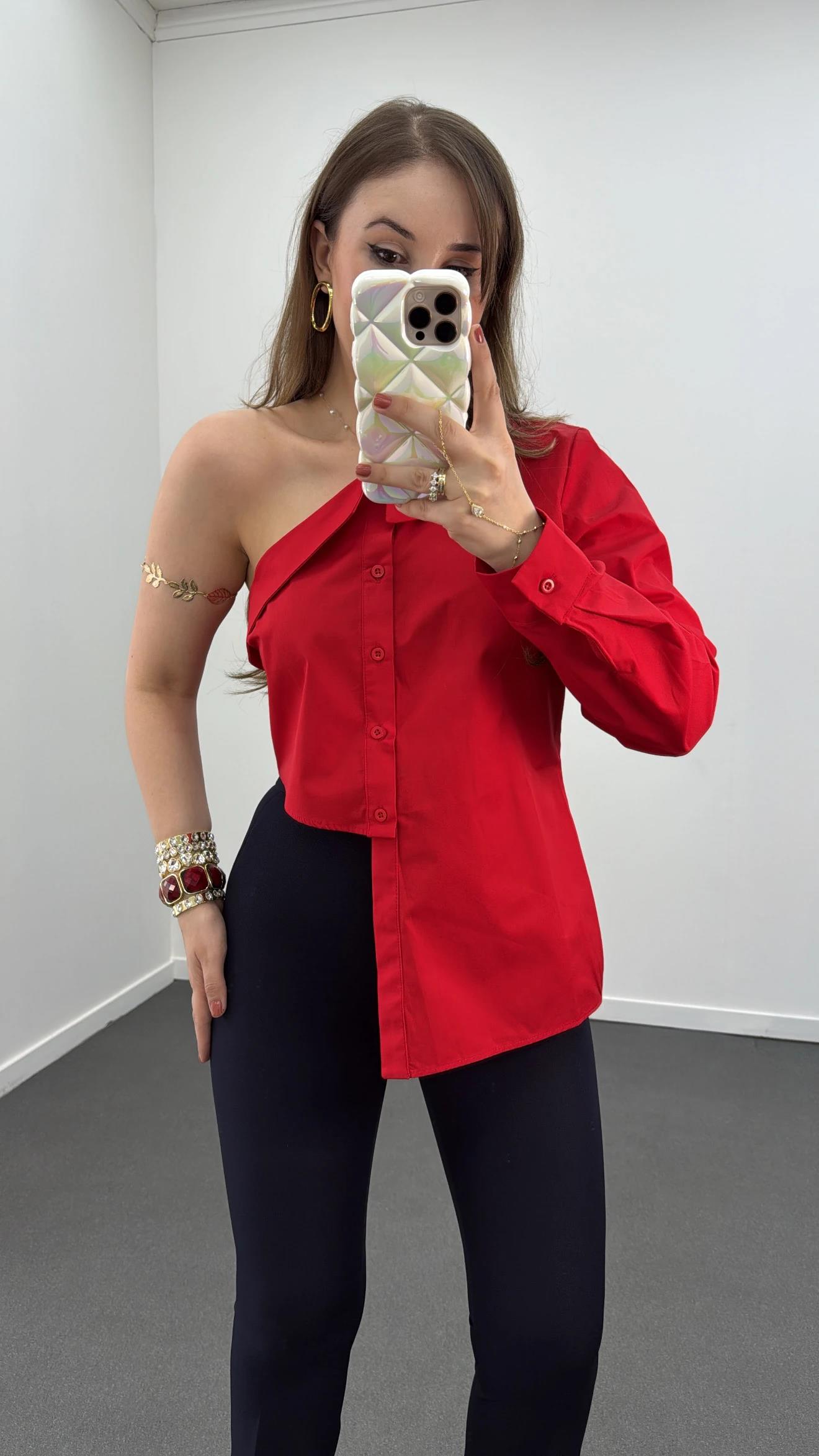 Luxe Kırmızı Asimetrik Tasarım Bluz