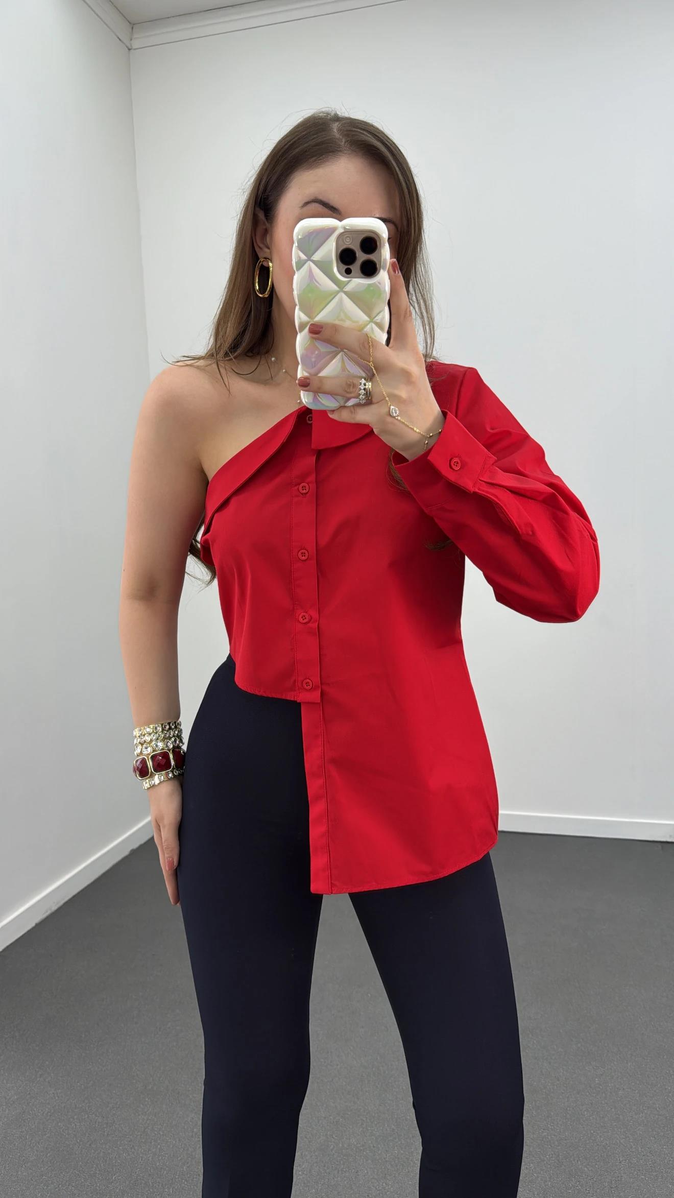Luxe Kırmızı Asimetrik Tasarım Bluz