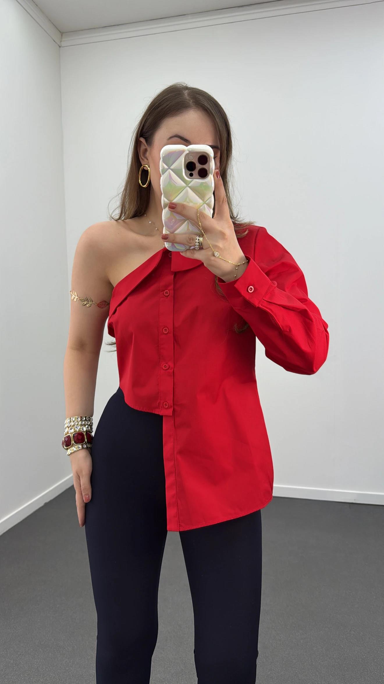 Luxe Kırmızı Asimetrik Tasarım Bluz