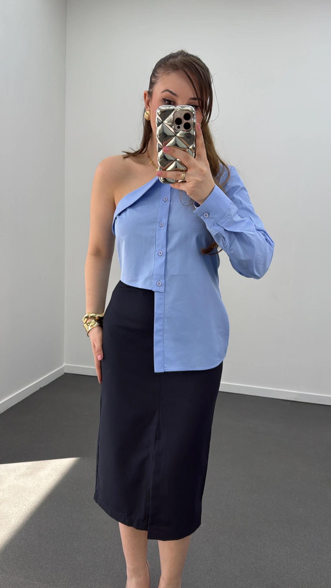 Luxe Mavi Asimetrik Tasarım Gömlek