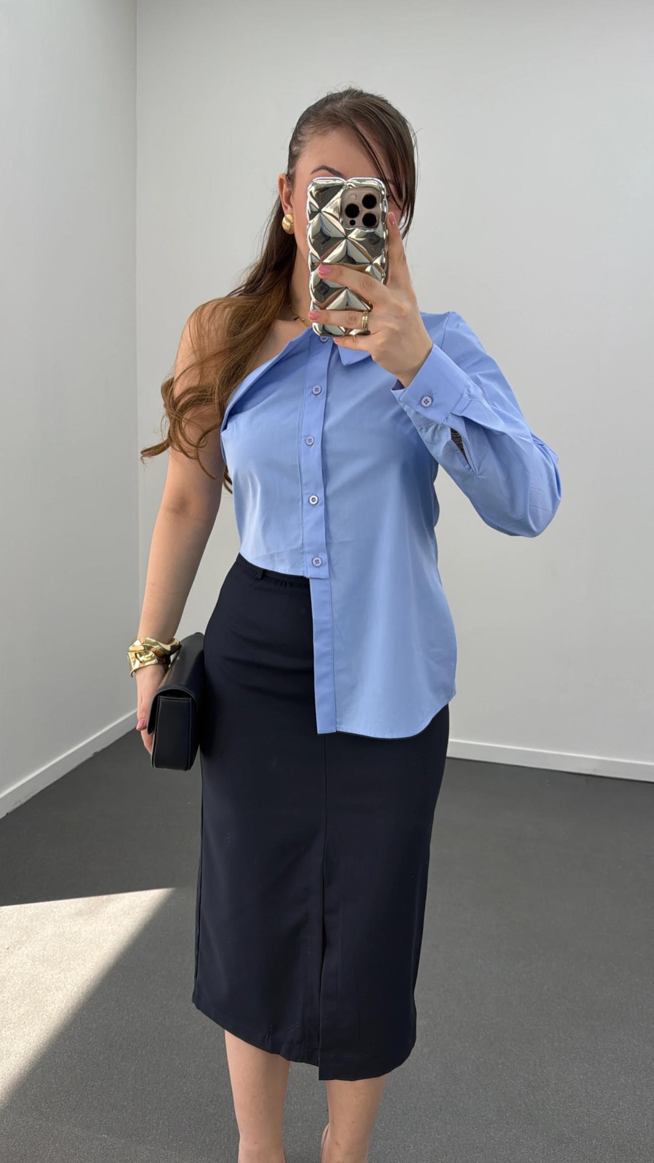 Luxe Mavi Asimetrik Tasarım Gömlek