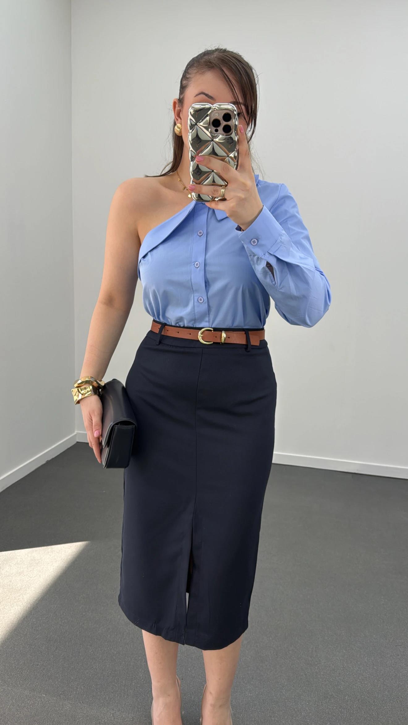 Luxe Mavi Asimetrik Tasarım Gömlek