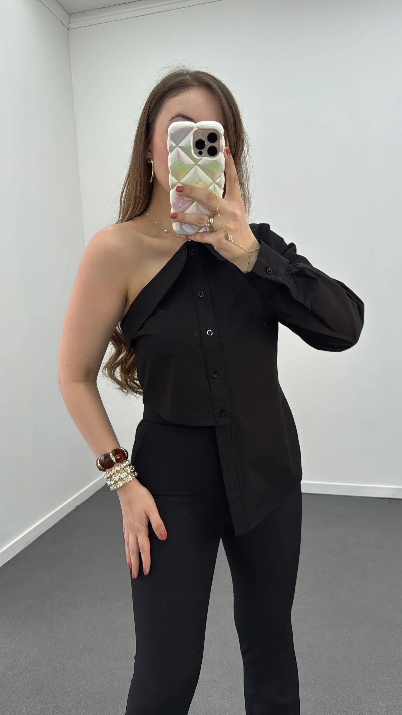 Luxe Siyah Asimetrik Tasarım Bluz