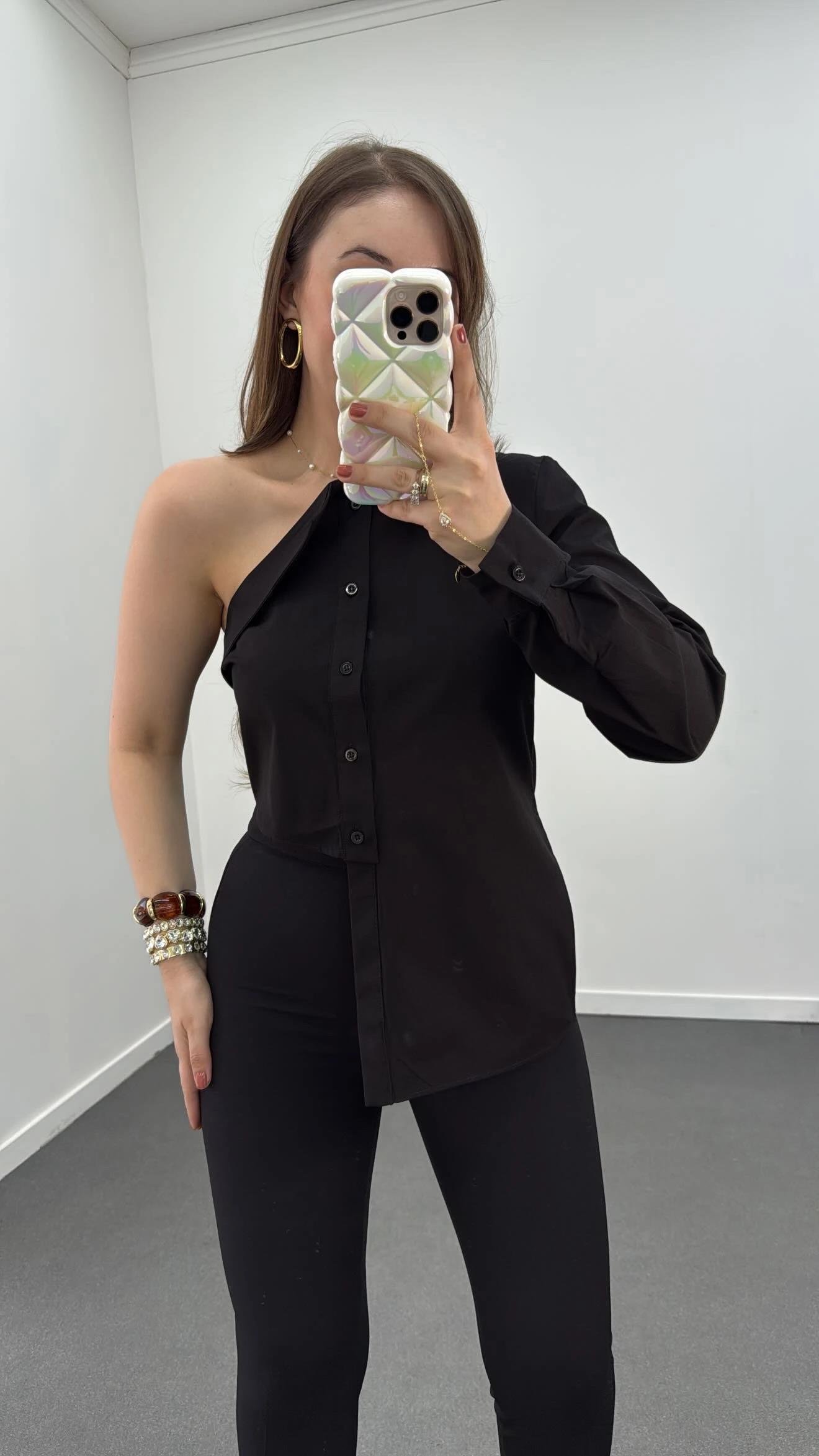 Luxe Siyah Asimetrik Tasarım Bluz