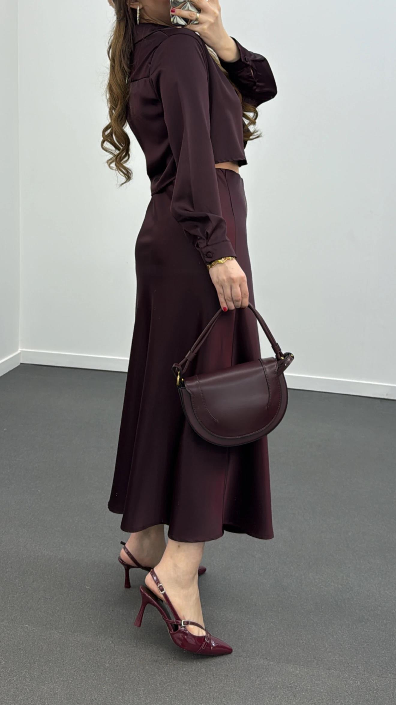 Mahsima Bordo Saten Gömlek Ve Etek Takımı