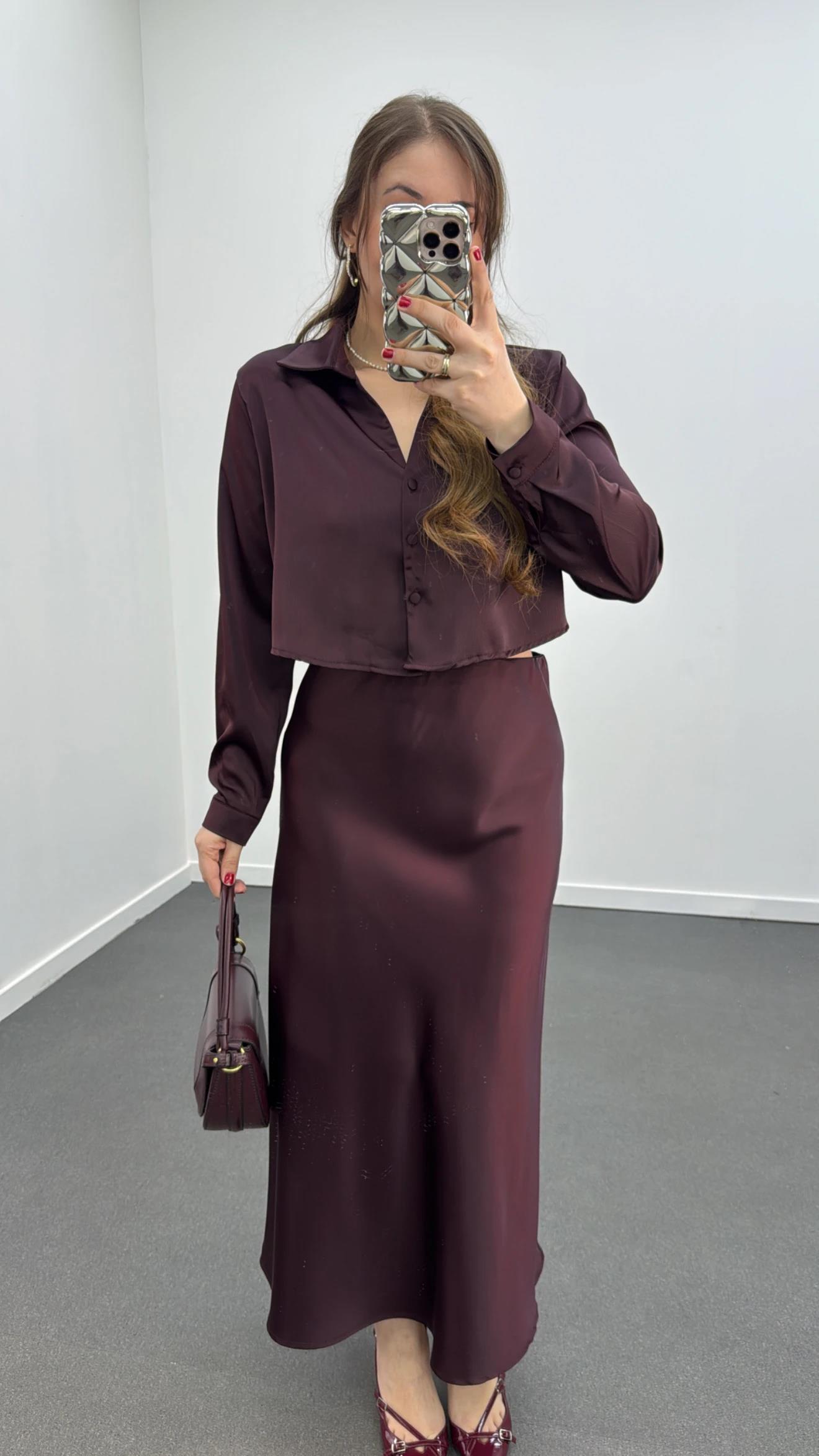 Mahsima Bordo Saten Gömlek Ve Etek Takımı