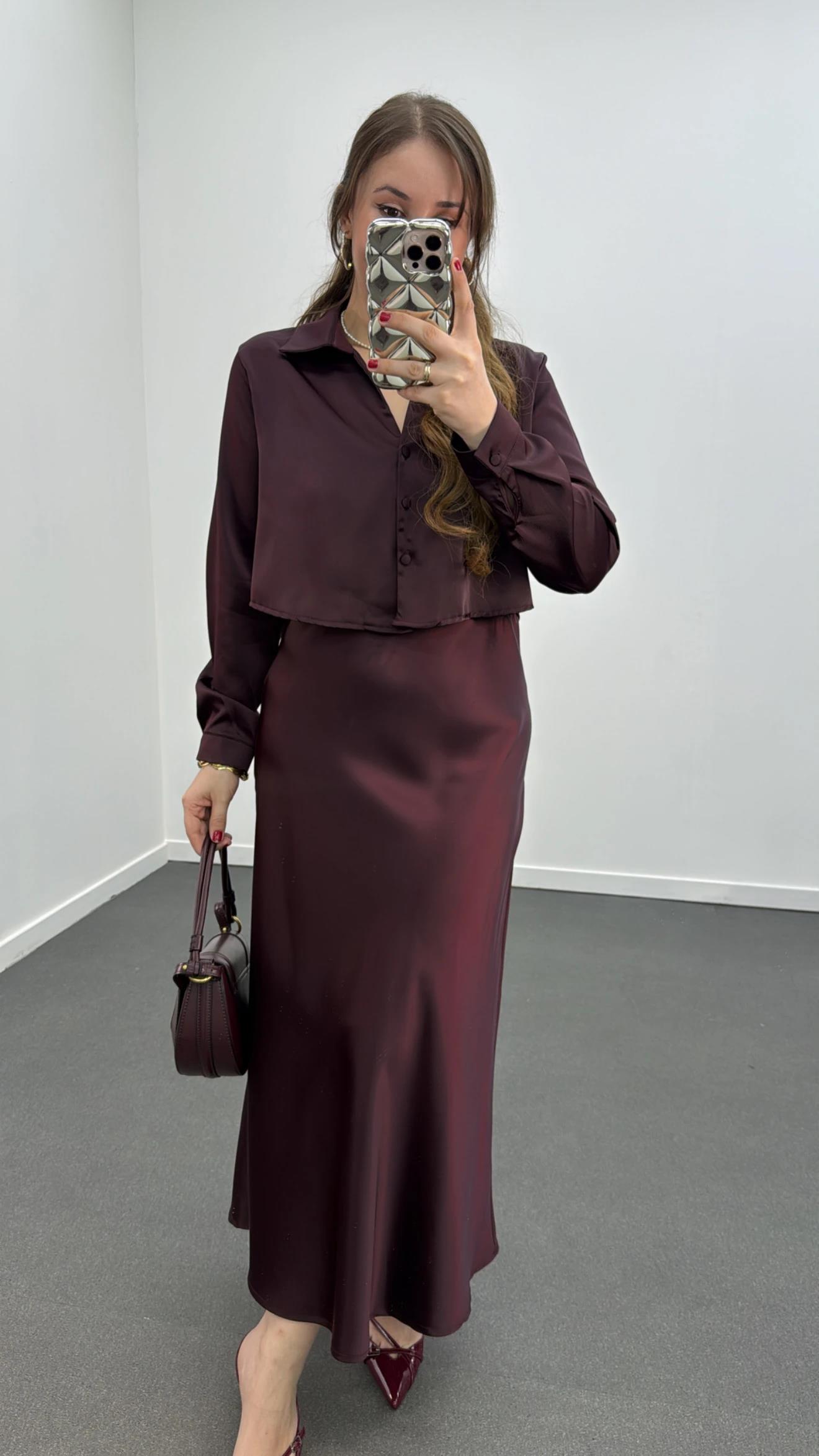 Mahsima Bordo Saten Gömlek Ve Etek Takımı