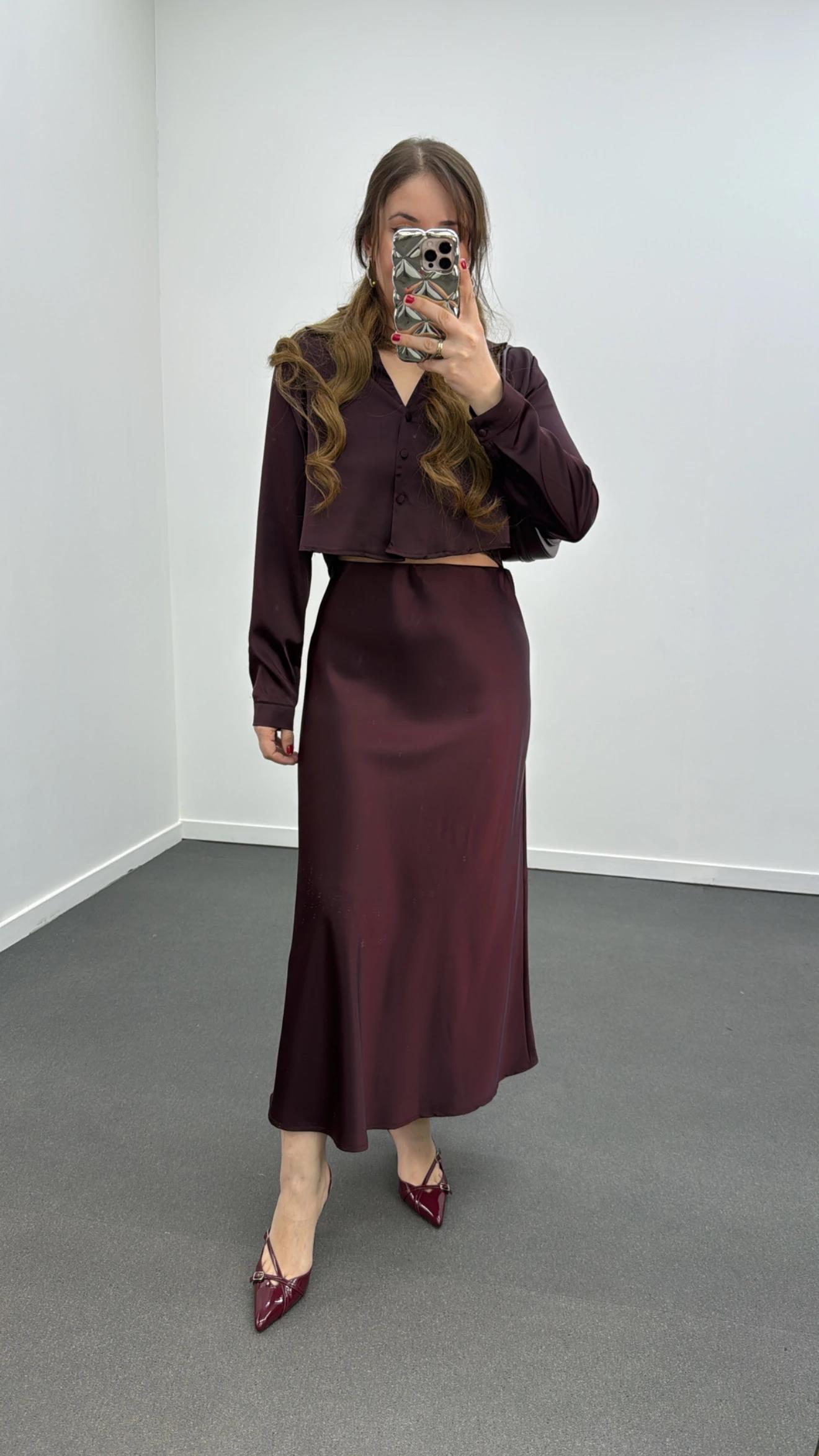 Mahsima Bordo Saten Gömlek Ve Etek Takımı