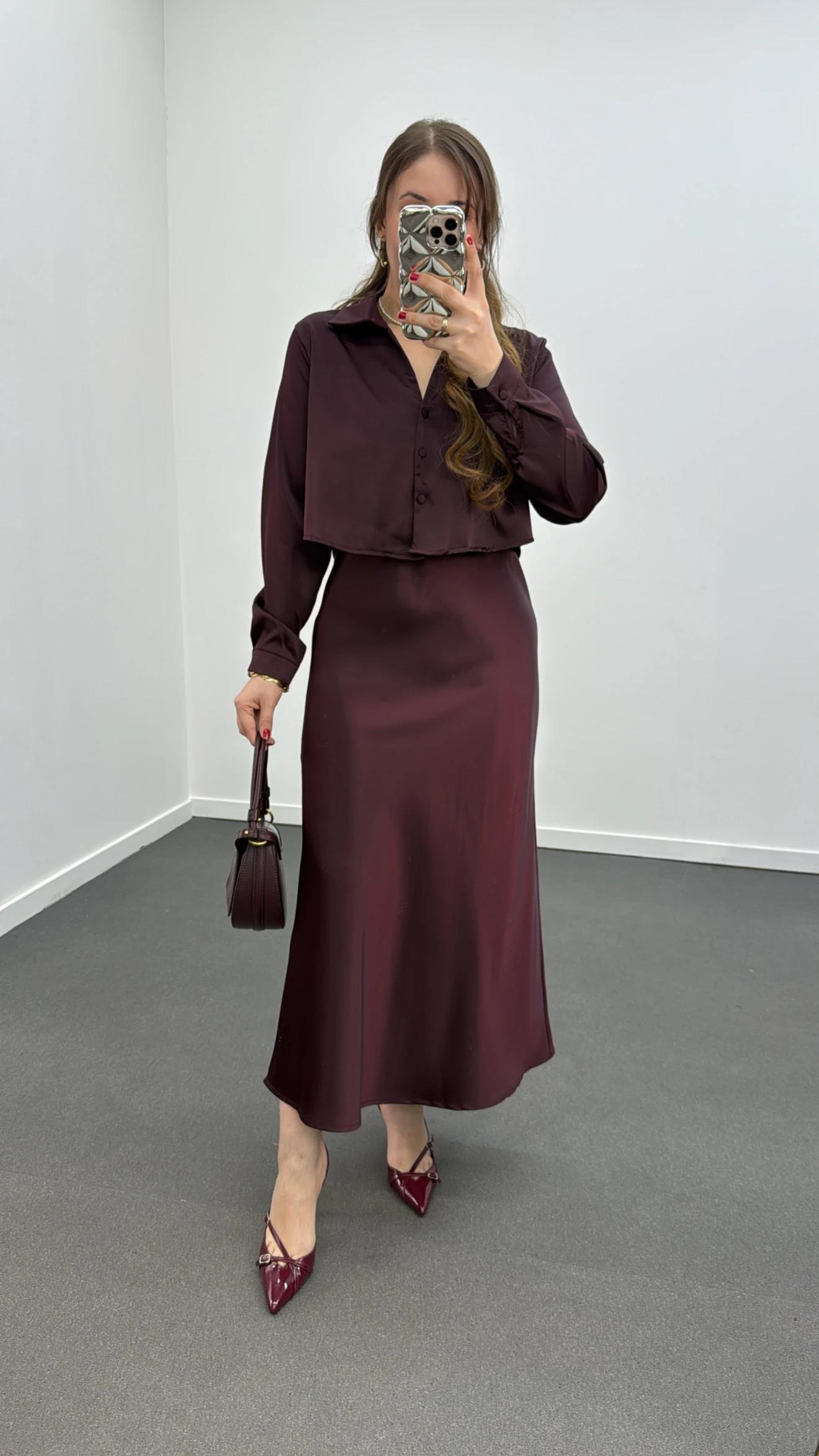 Mahsima Bordo Saten Gömlek Ve Etek Takımı