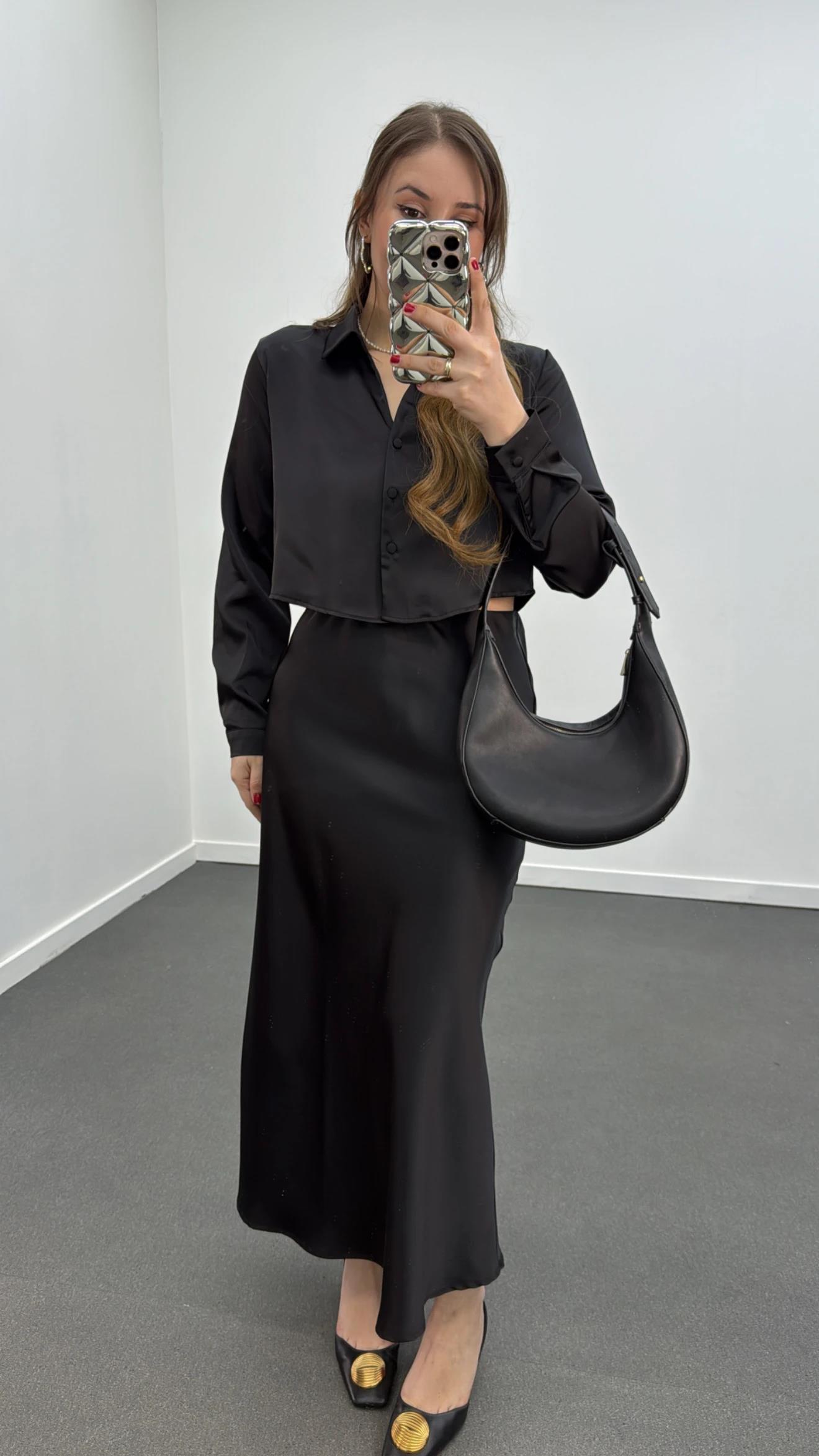 Mahsima Siyah Saten Gömlek Ve Etek Takımı