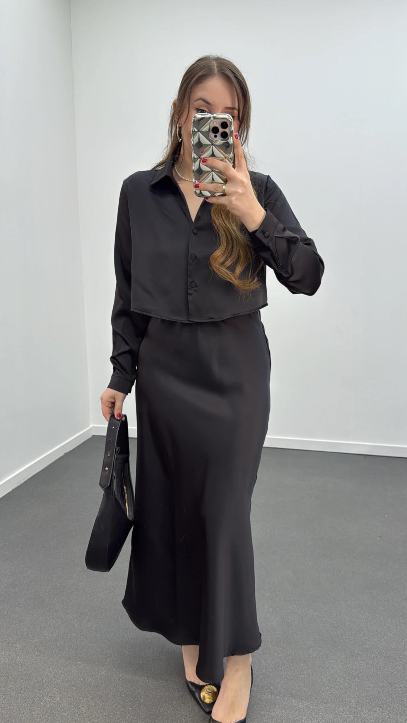 Mahsima Siyah Saten Gömlek Ve Etek Takımı