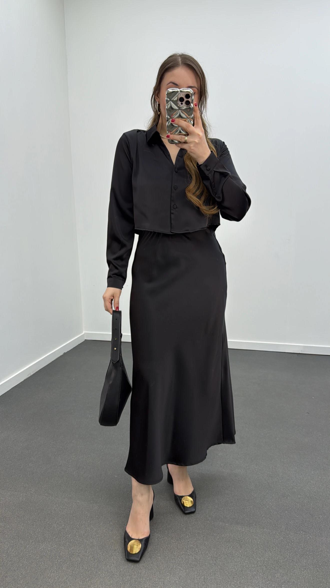 Mahsima Siyah Saten Gömlek Ve Etek Takımı