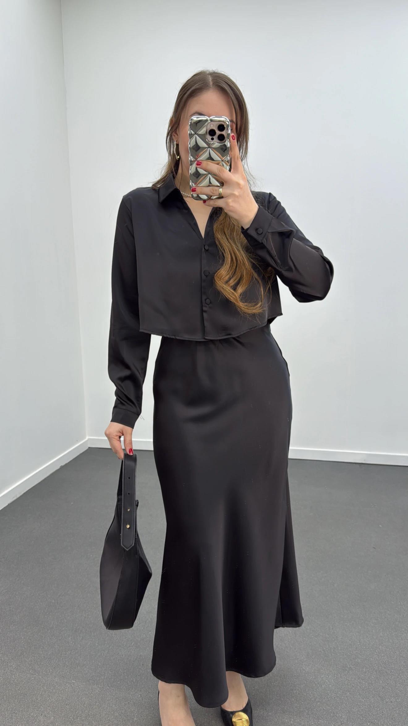 Mahsima Siyah Saten Gömlek Ve Etek Takımı