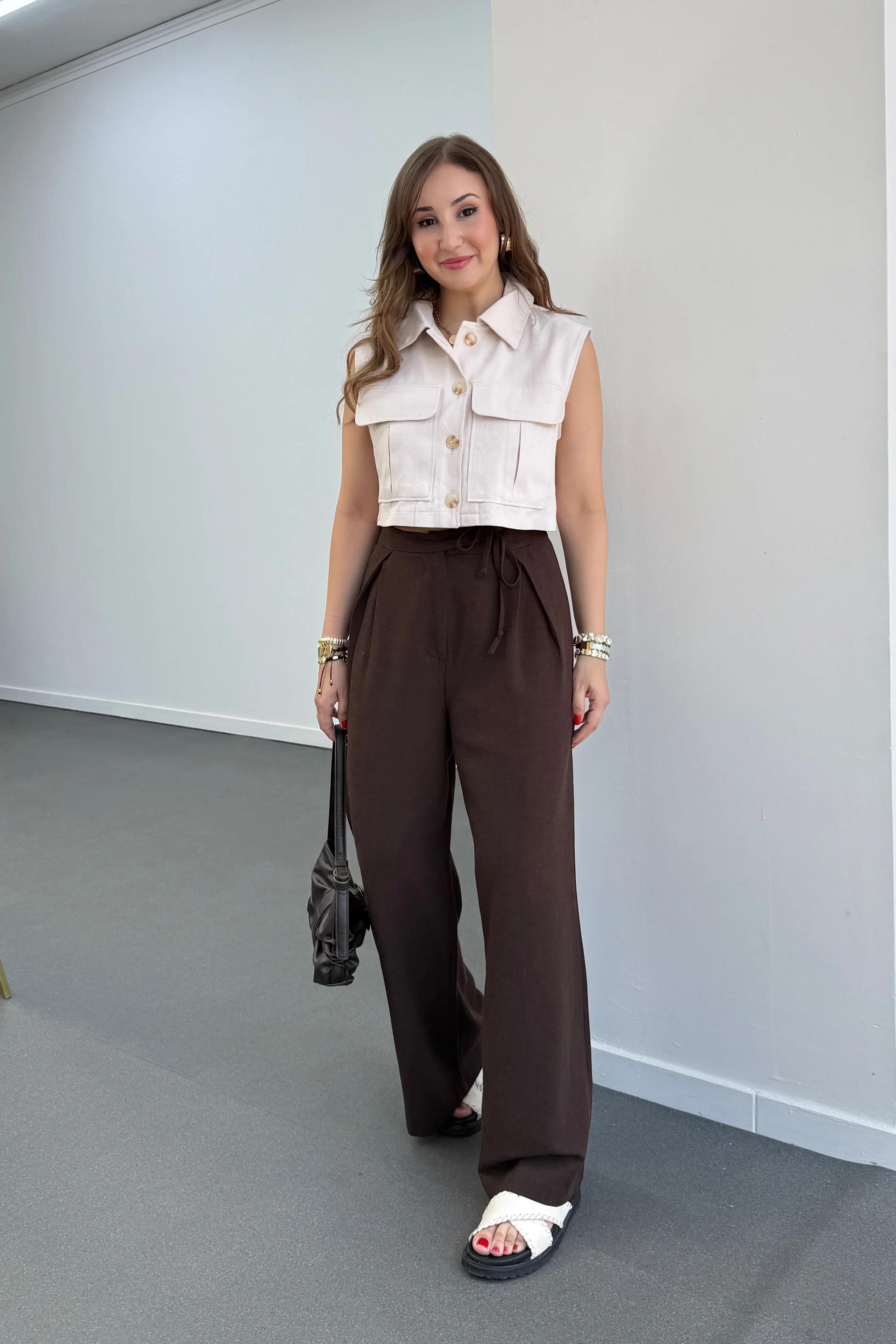 Maja Çikolata Kahve Yandan Bağlamalı Keten Pantolon