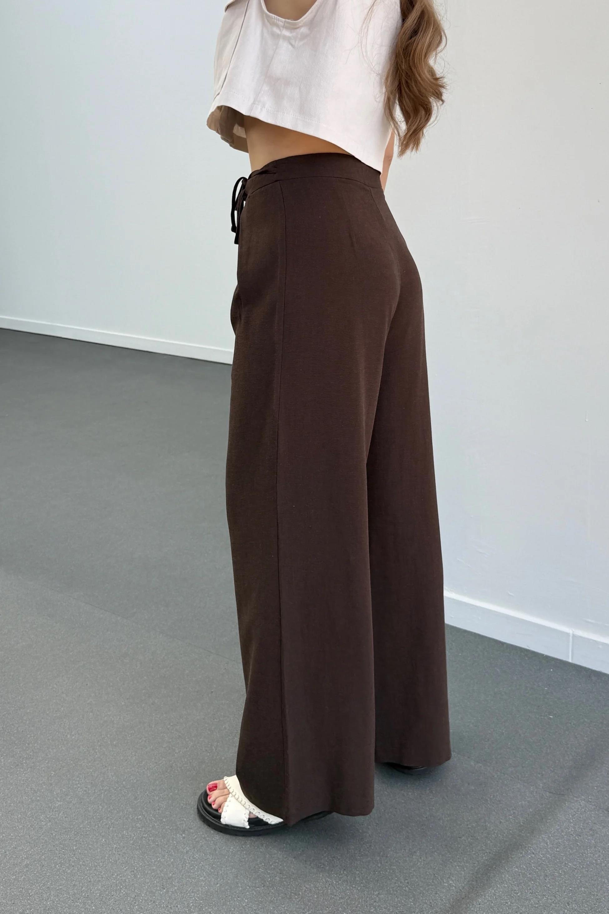 Maja Çikolata Kahve Yandan Bağlamalı Keten Pantolon