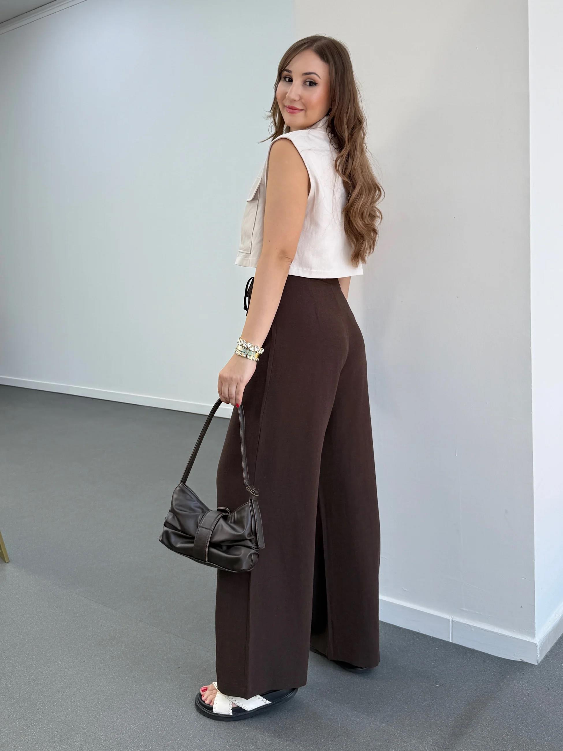 Maja Çikolata Kahve Yandan Bağlamalı Keten Pantolon