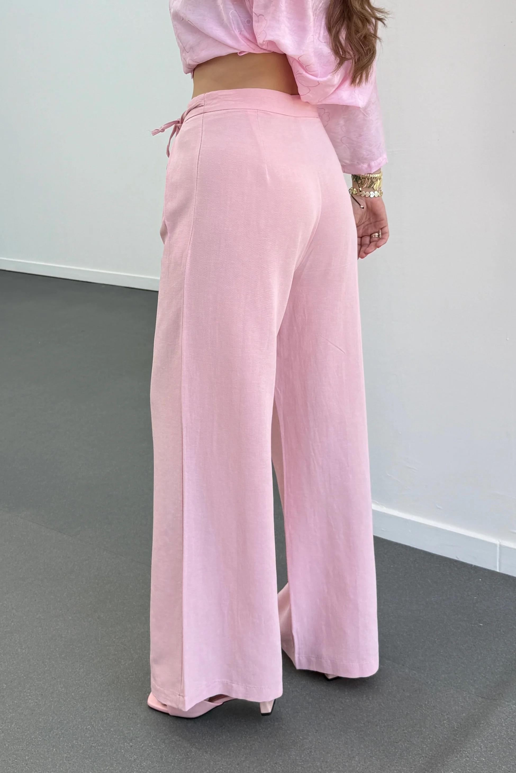 Maja Pembe Yandan Bağlamalı Keten Palazzo Pantolon