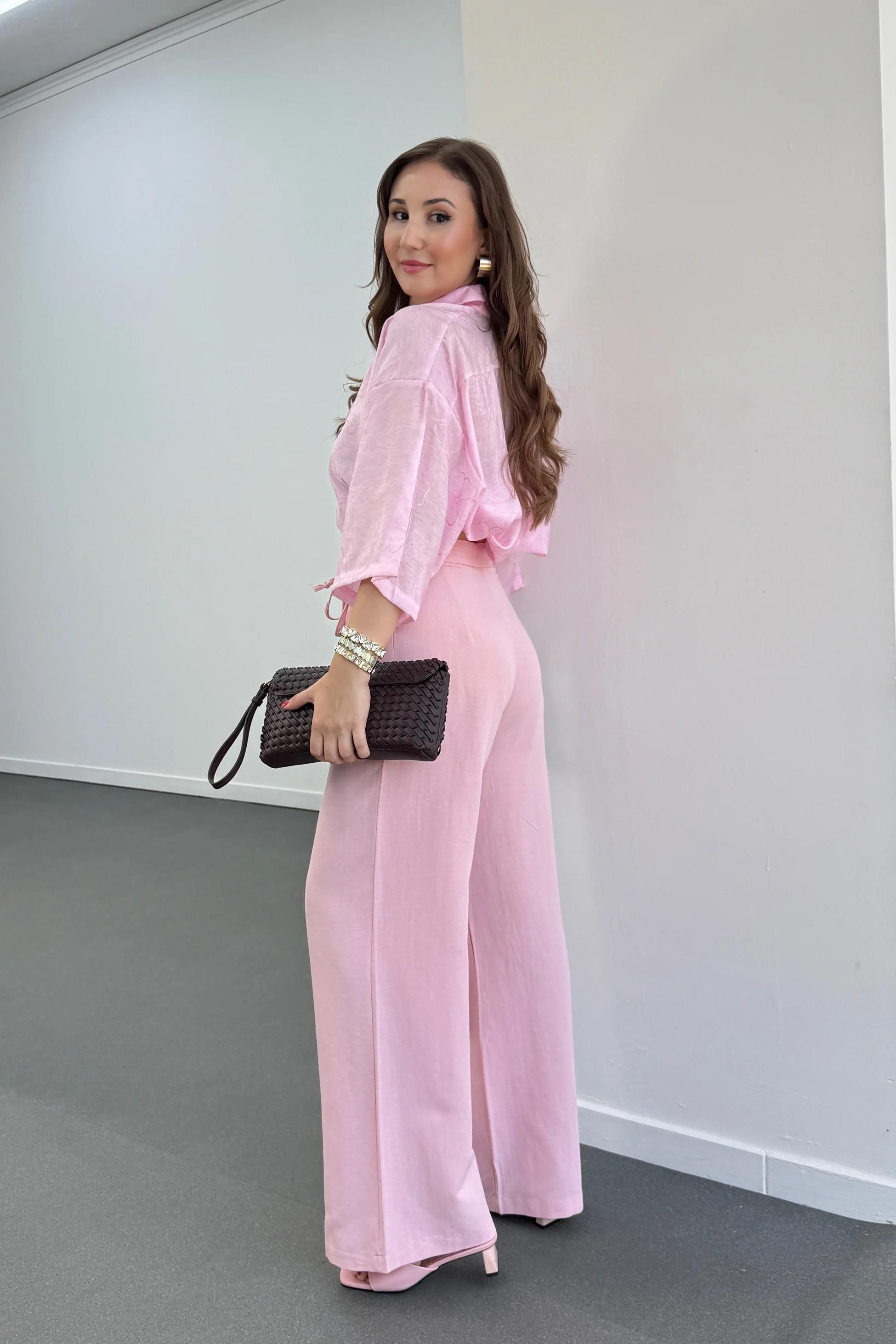 Maja Pembe Yandan Bağlamalı Keten Palazzo Pantolon