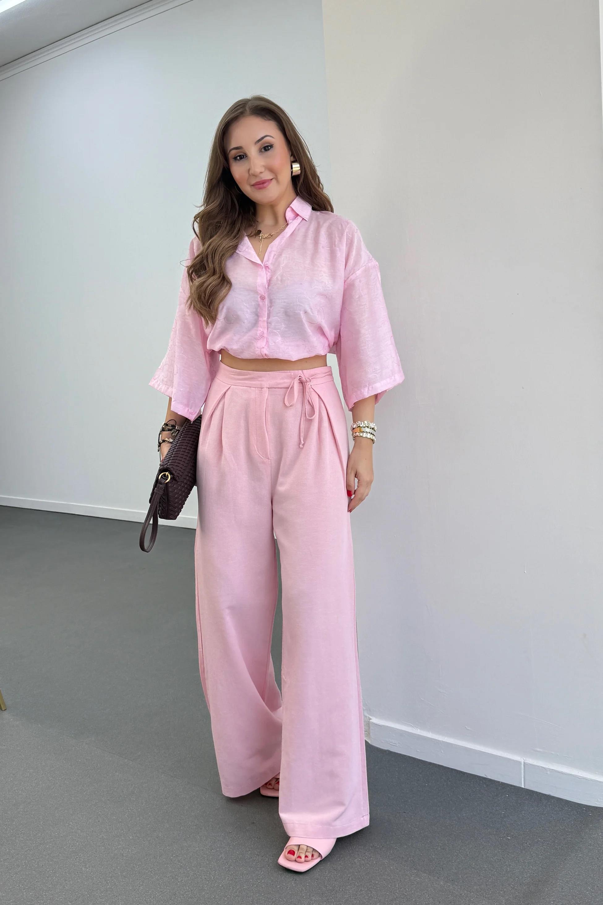 Maja Pembe Yandan Bağlamalı Keten Palazzo Pantolon