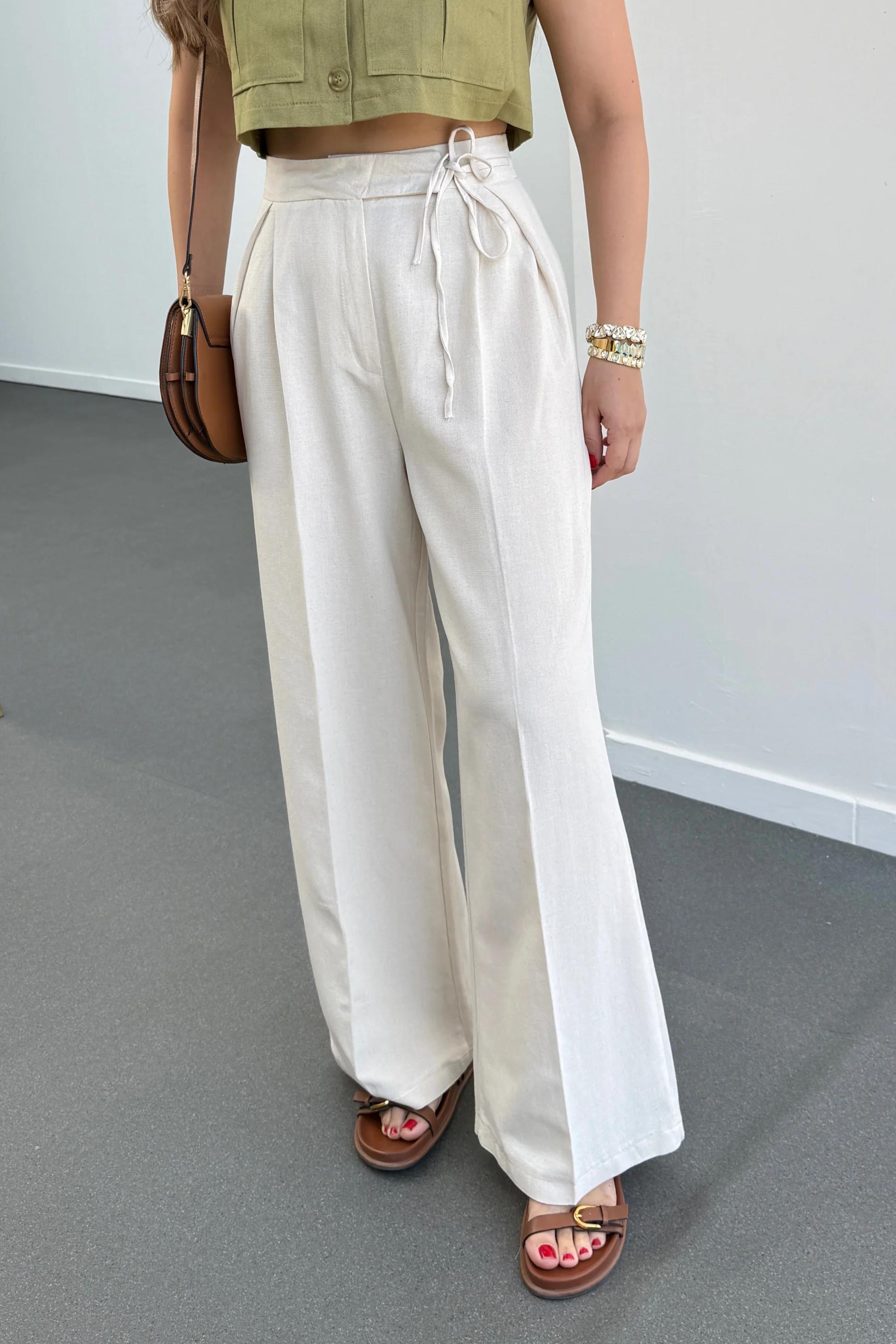 Maja Taş Yandan Bağlamalı Keten Palazzo Pantolon