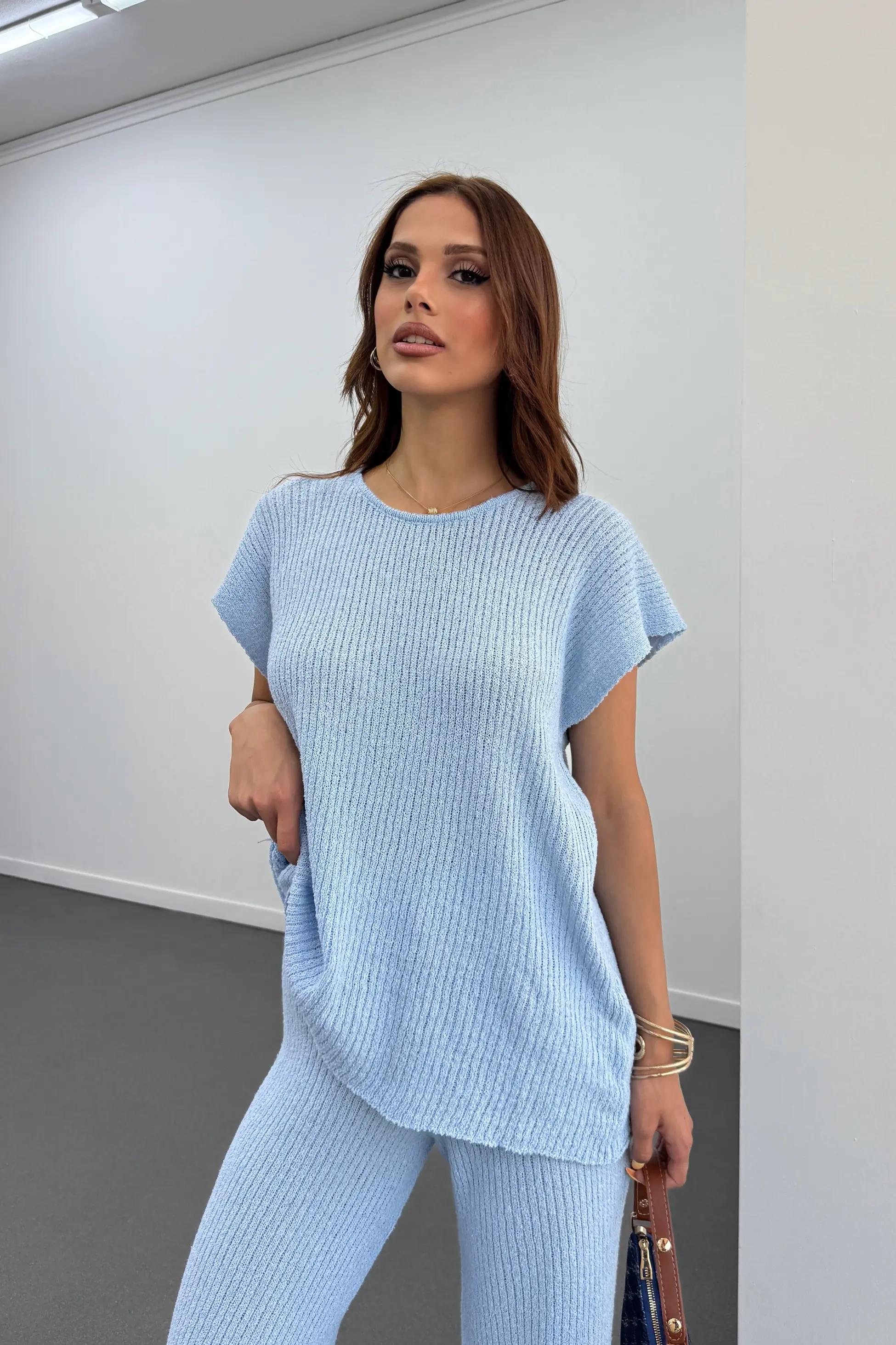 Malia Mavi İnce Örme Melanj Takım