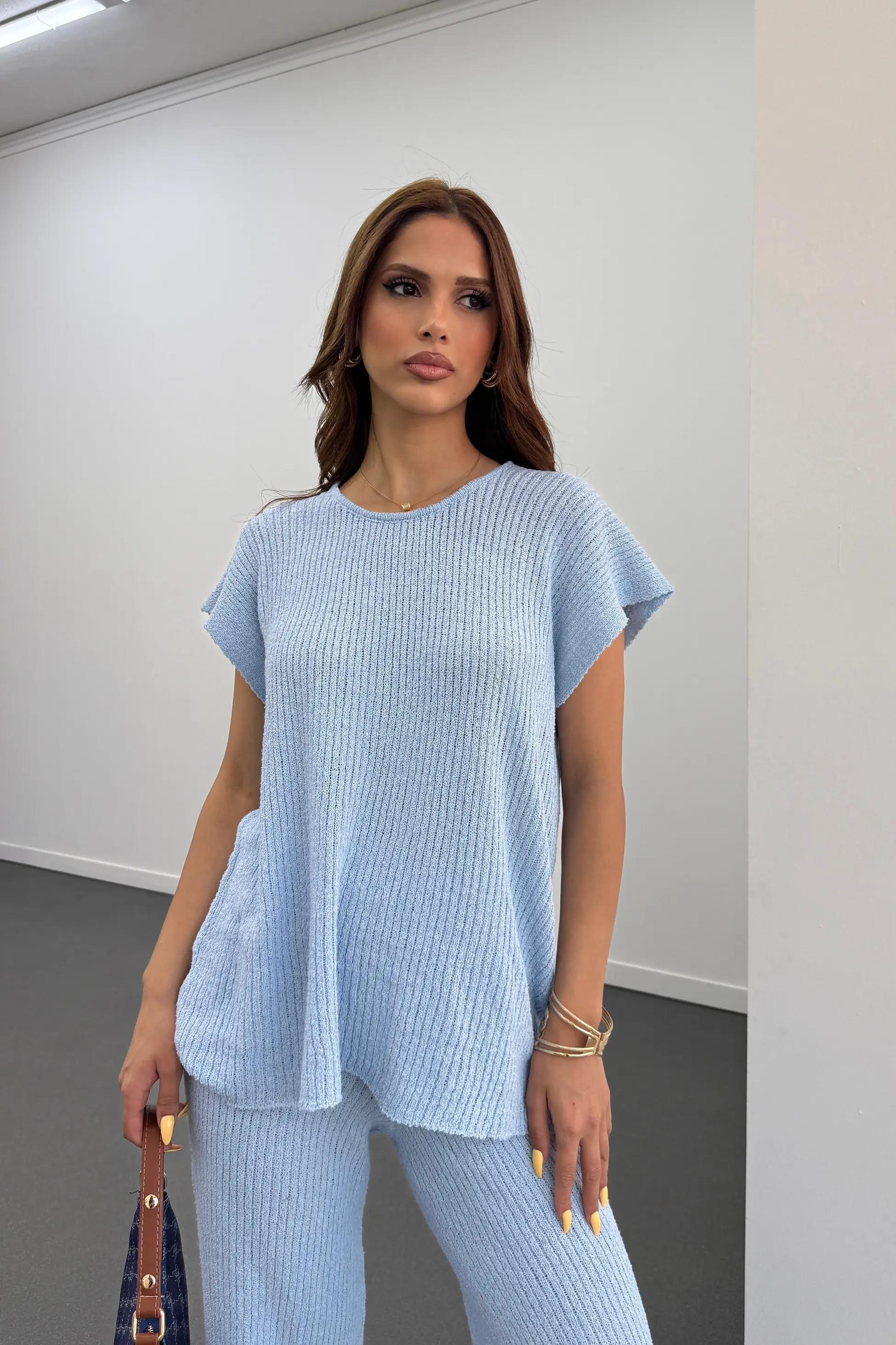 Malia Mavi İnce Örme Melanj Takım