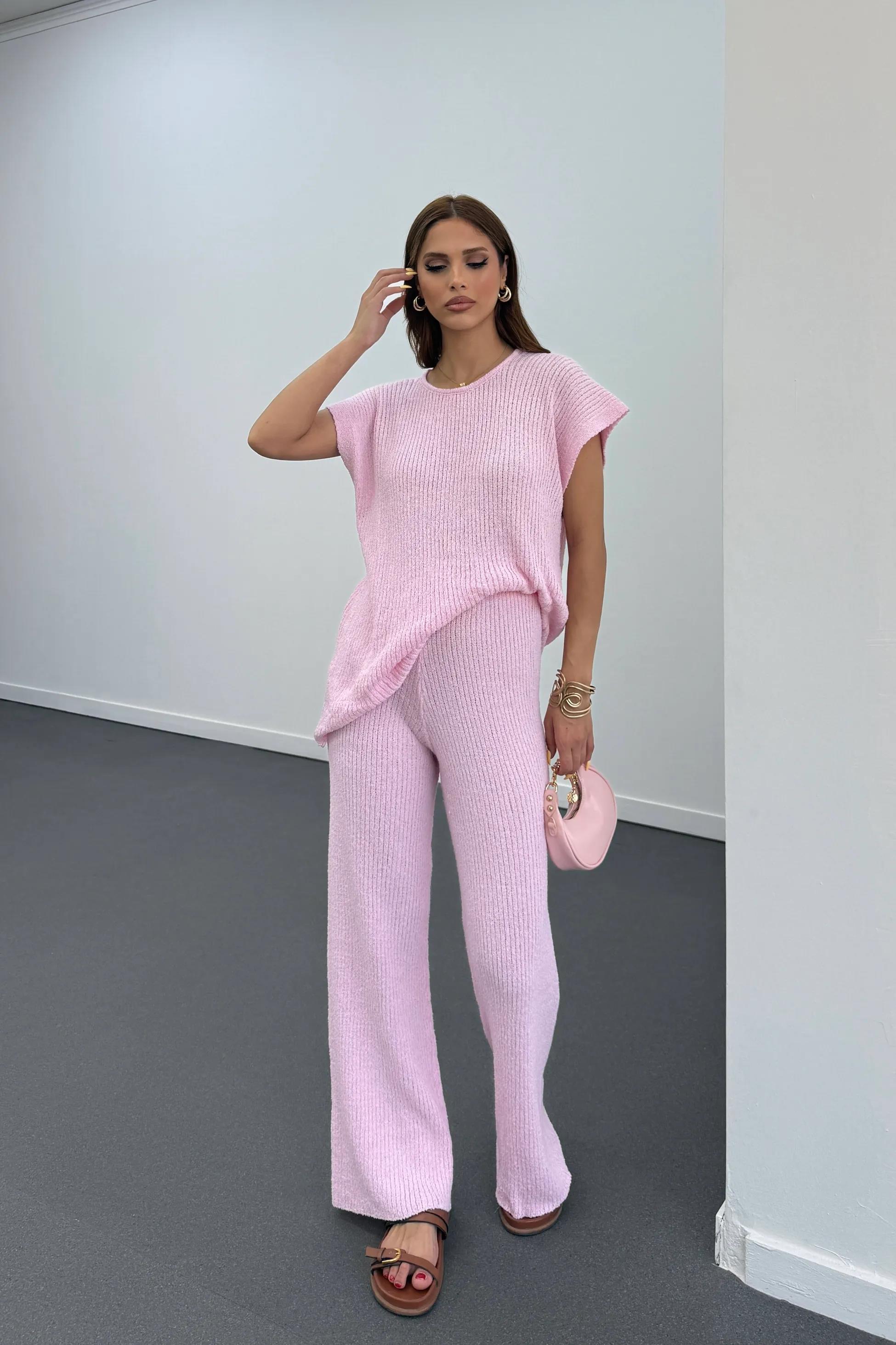 Malia Pembe İnce Örme Melanj Takım