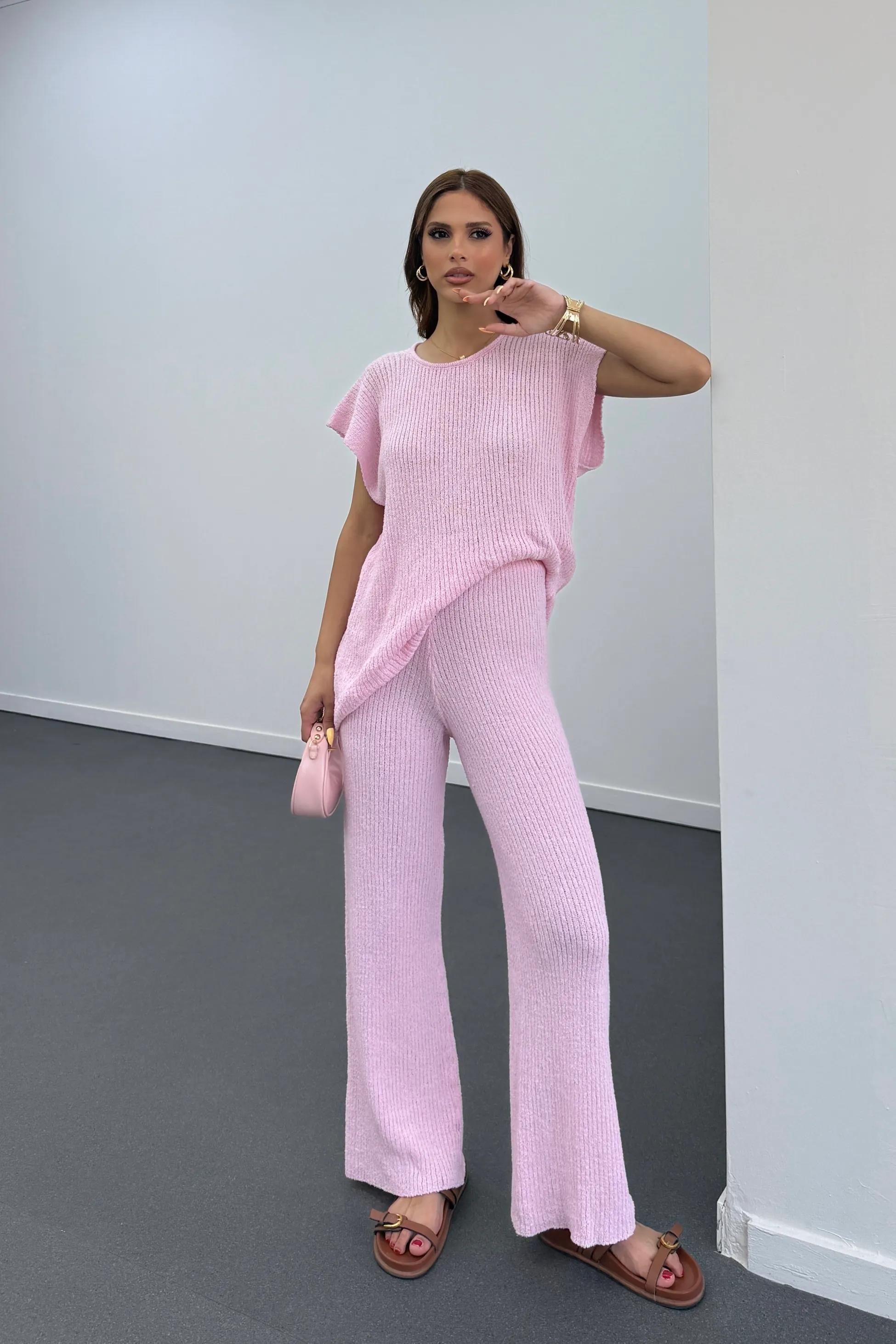 Malia Pembe İnce Örme Melanj Takım