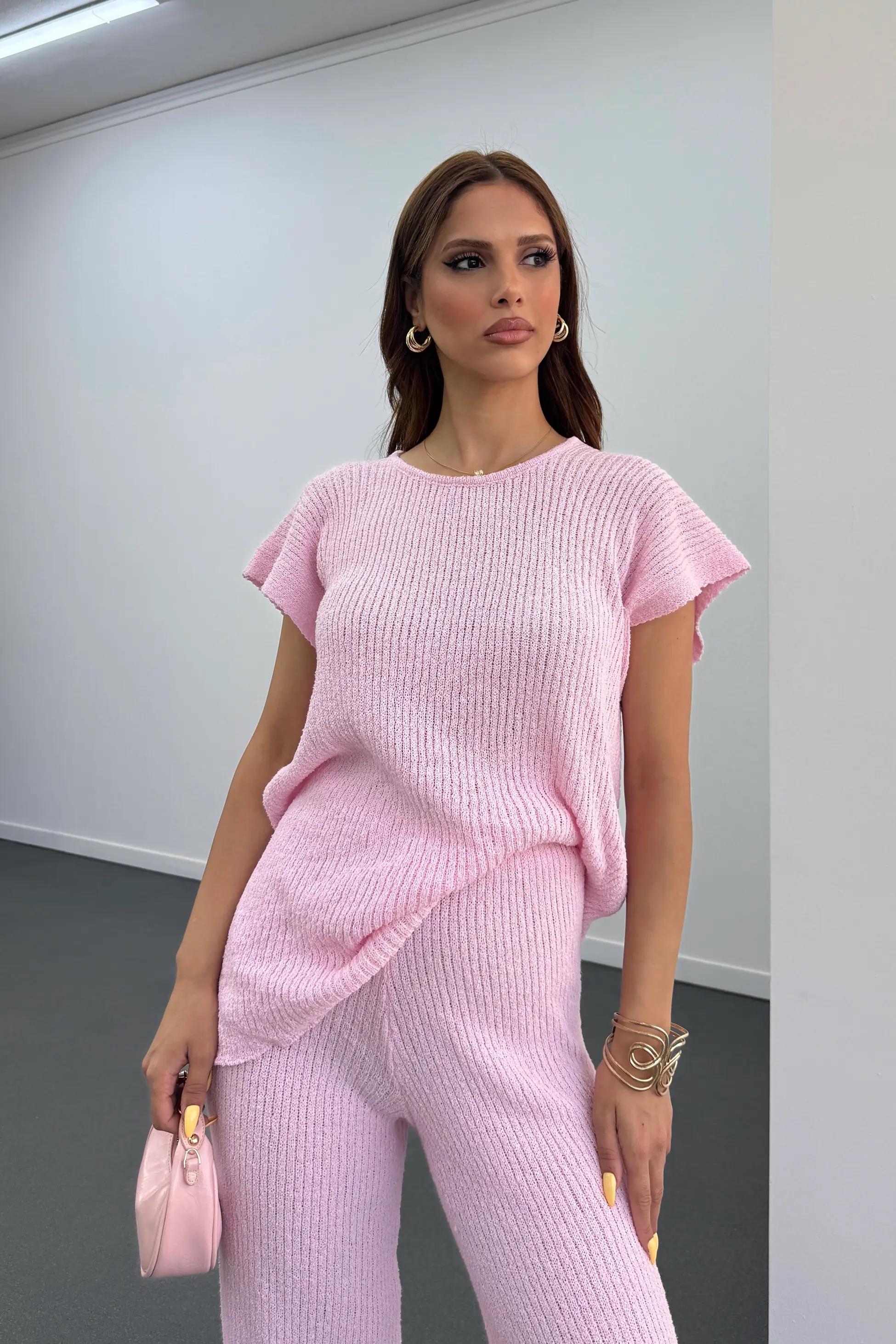 Malia Pembe İnce Örme Melanj Takım