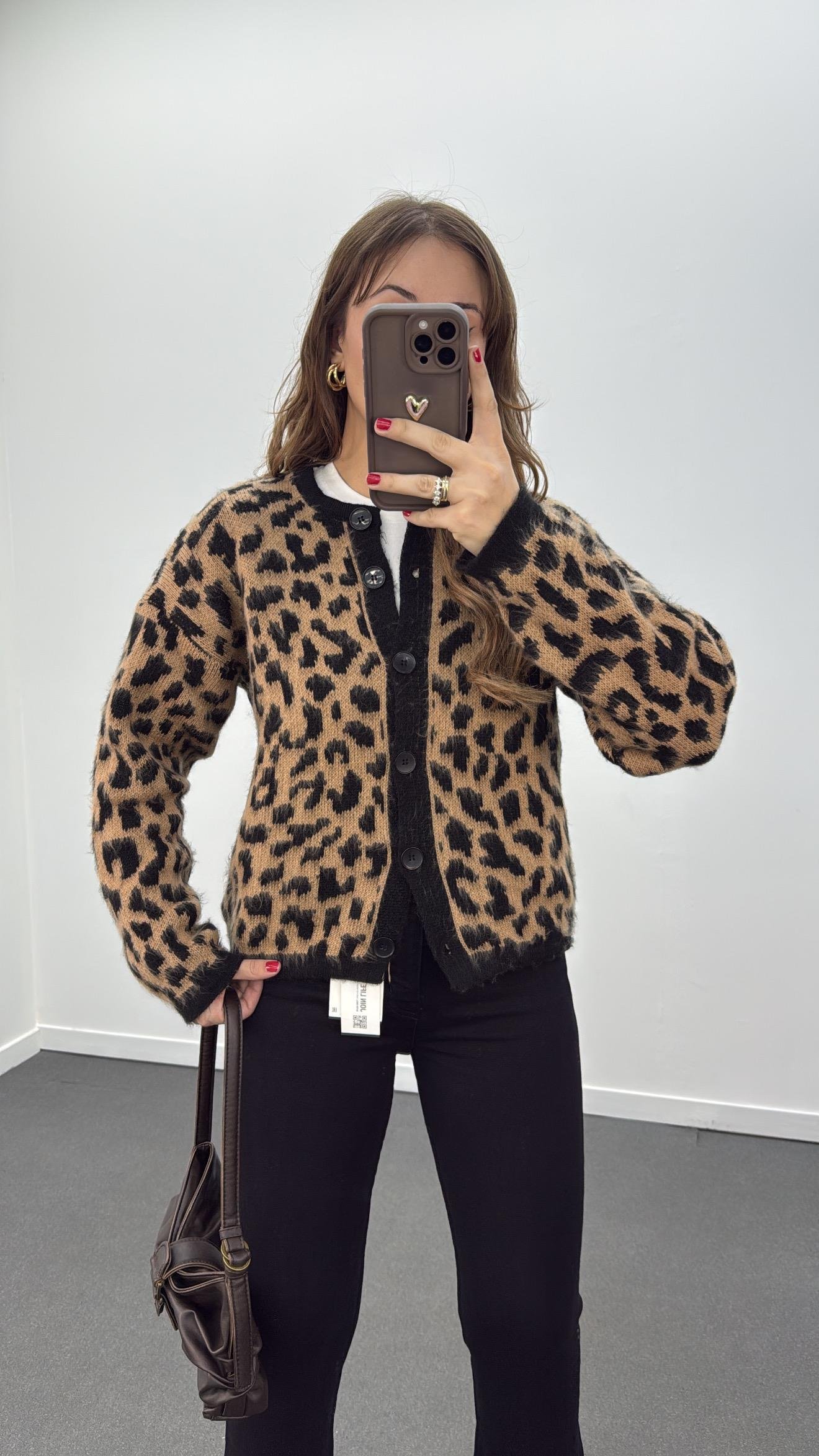 Manon Leopar Desenli Düğmeli Hırka