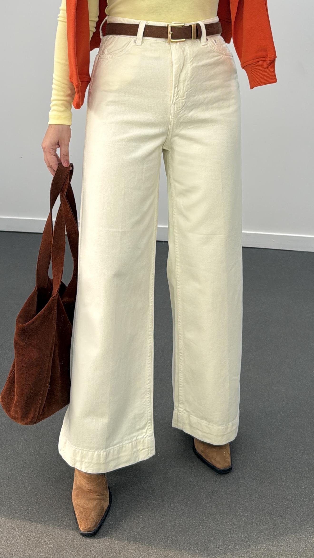 Mantra Krem Yüksek Bel Wide Leg Jeans