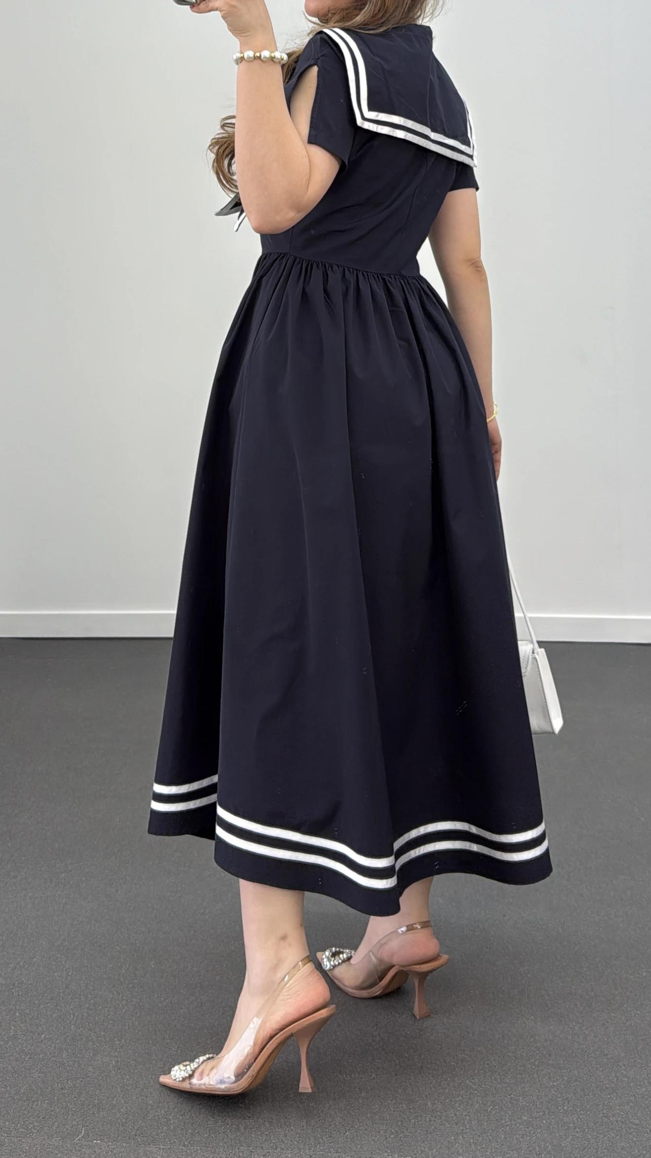 Marine Lacivert Beyaz Şeritli Tasarım Elbise