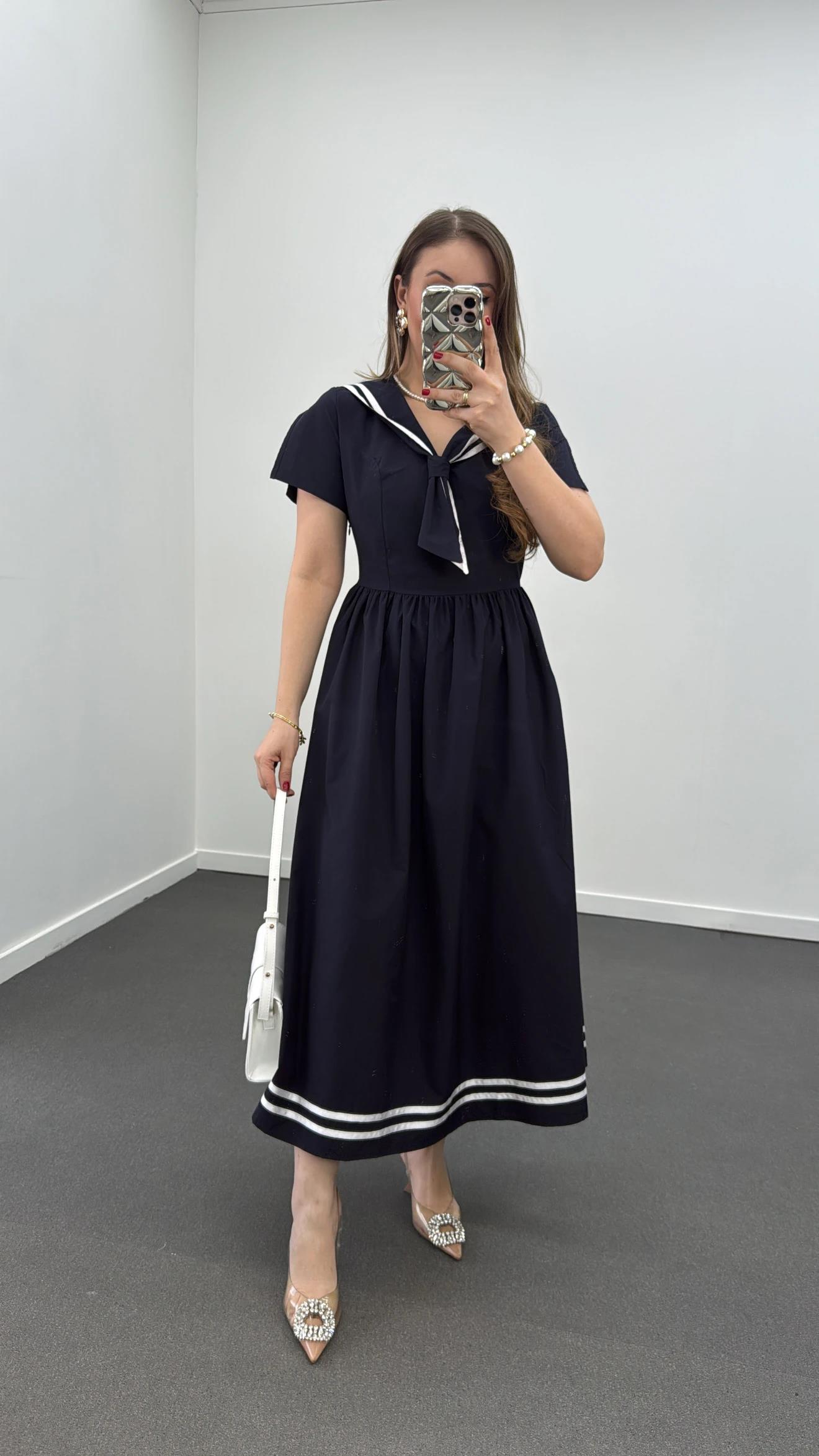 Marine Lacivert Beyaz Şeritli Tasarım Elbise