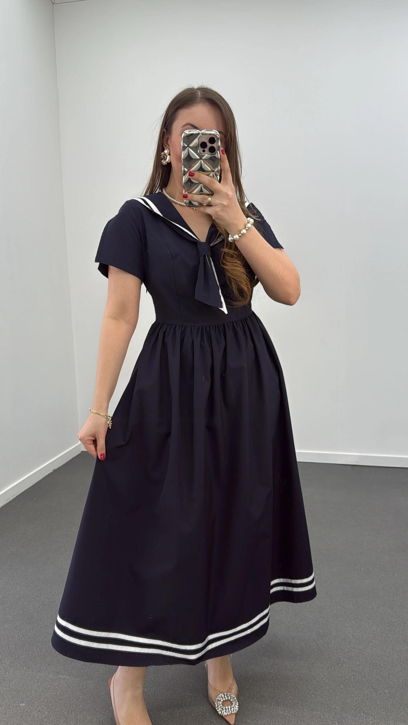 Marine Lacivert Beyaz Şeritli Tasarım Elbise