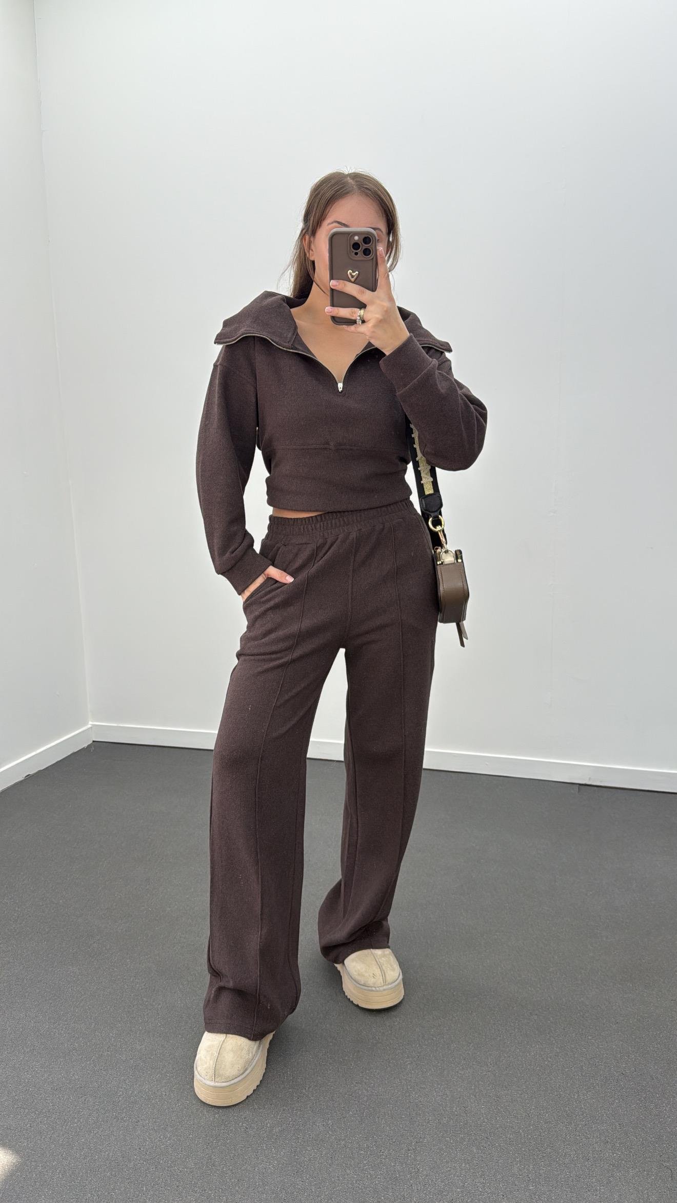 Martina Kahve Fitilli Polar Sweat Eşofman Takımı