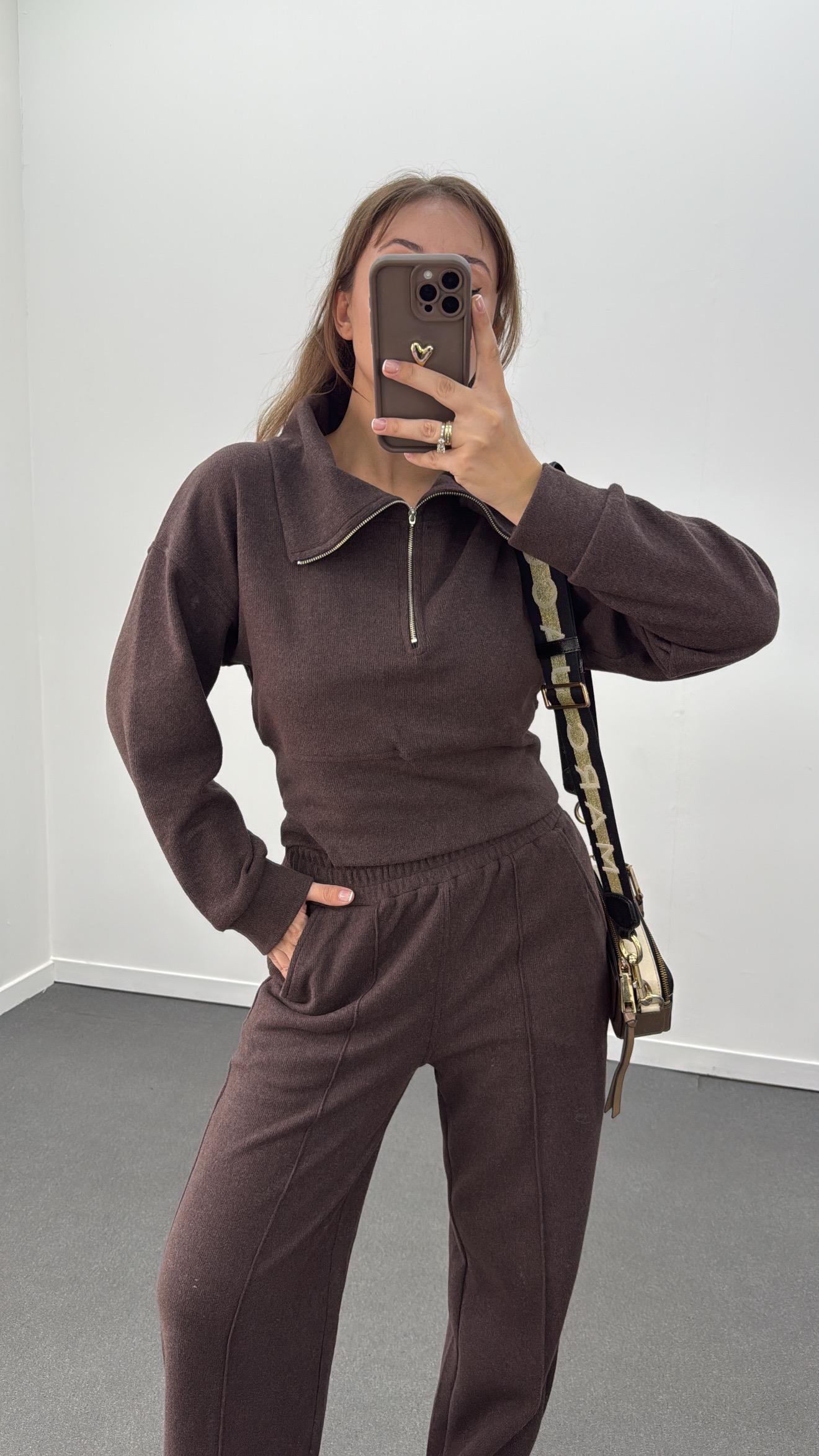 Martina Kahve Fitilli Polar Sweat Eşofman Takımı