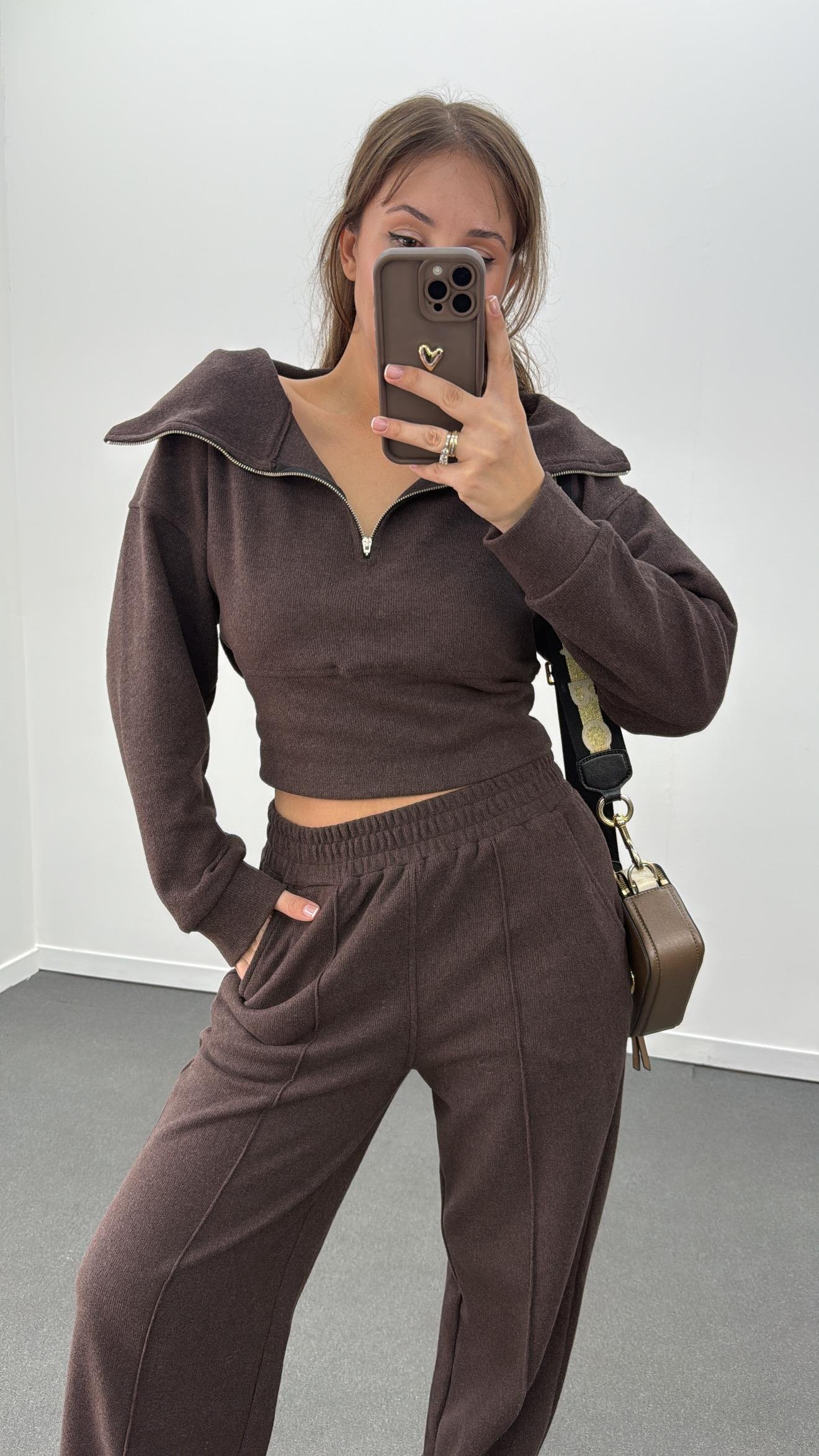 Martina Kahve Fitilli Polar Sweat Eşofman Takımı