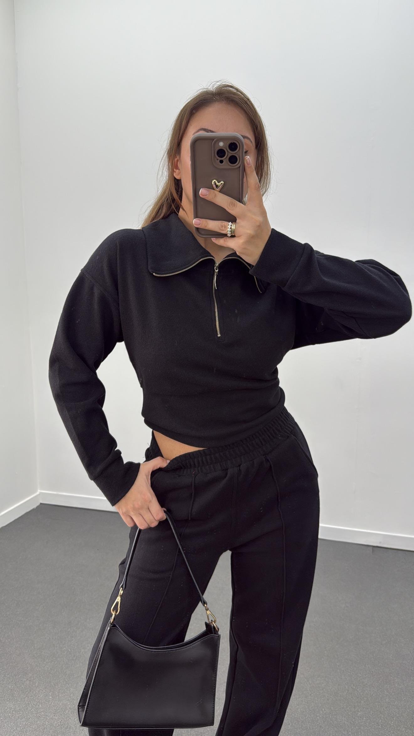 Martina Siyah Fitilli Polar Sweat Eşofman Takımı