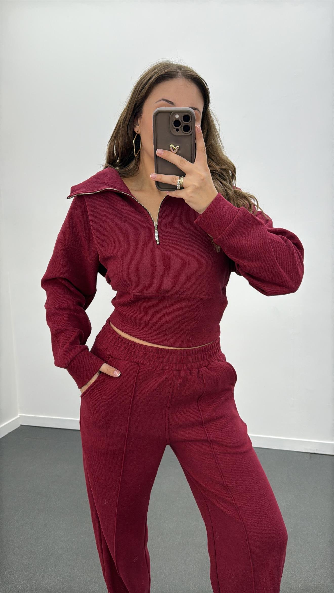 Martine Vişne Fitilli Polar Sweat Eşofman Takımı